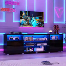 Lent Glitter Wood - 86.6inch High Gloss LED TV Stand for TVs, Adjustable Shelf Entertainment Center with Console Storage - Black