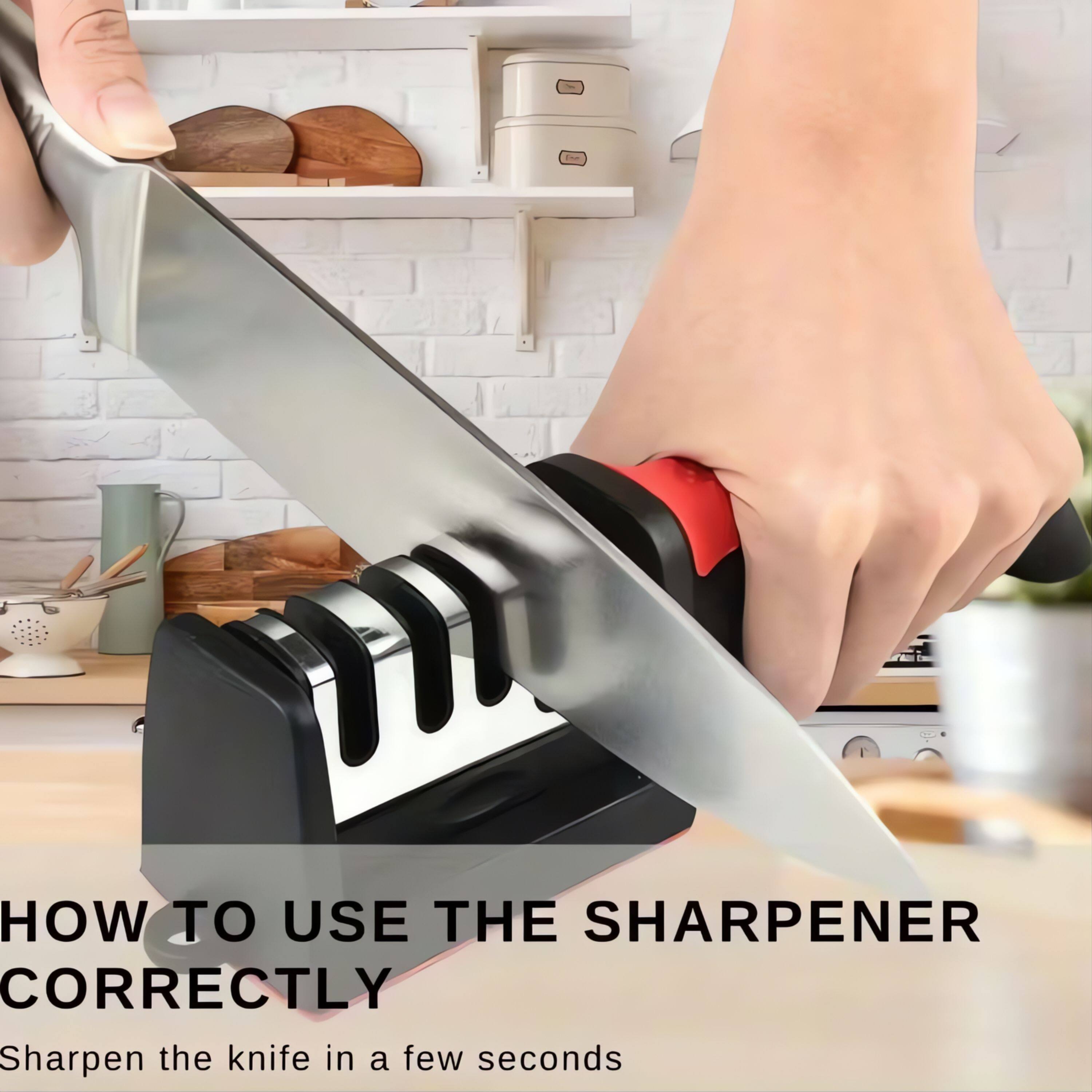 - HOW TO USE THE SHARPENER CORRECTLY  
Sharpen the knife in a few seconds