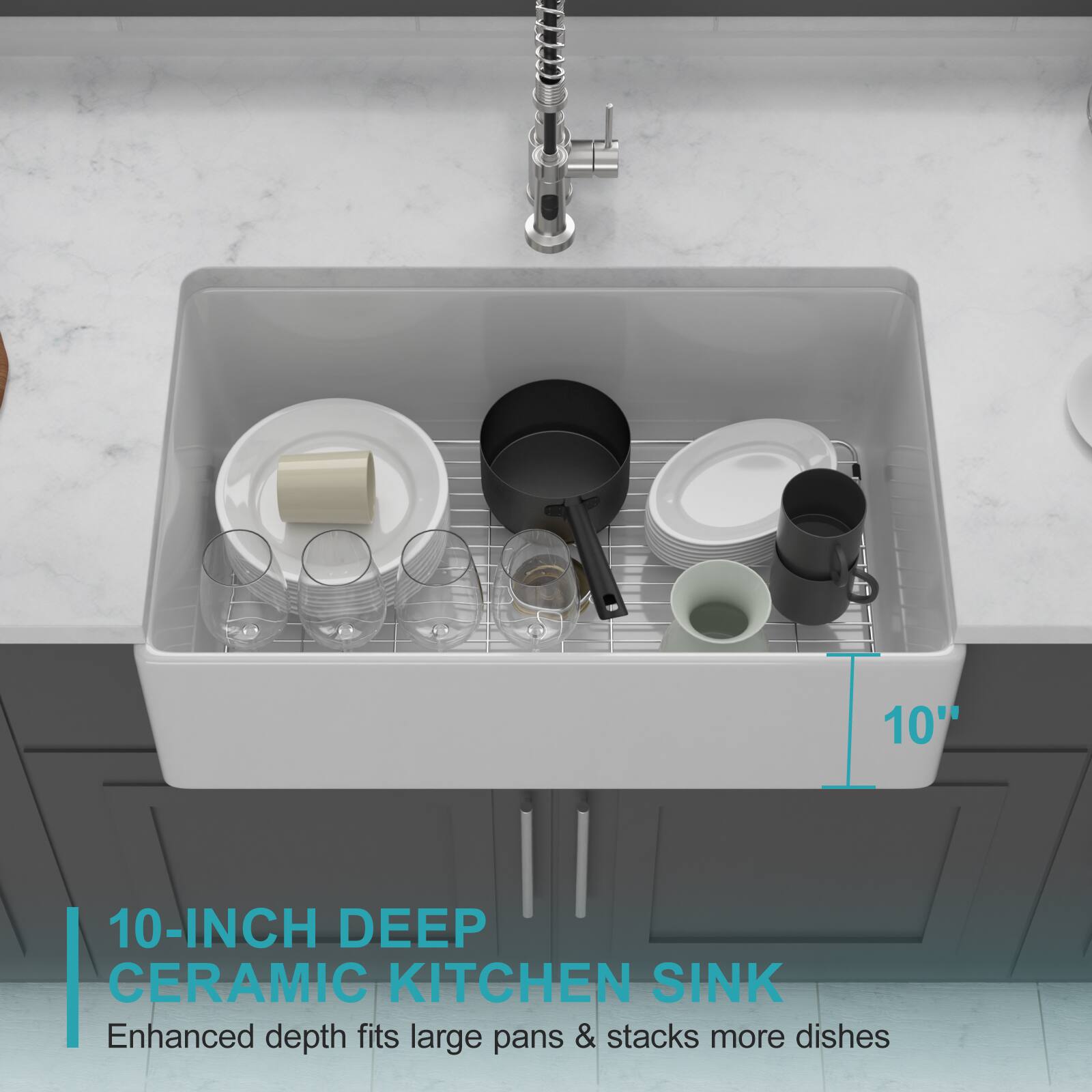 10" 10-INCH DEEP CERAMIC KITCHEN SINK  
Enhanced depth fits large pans & stacks more dishes