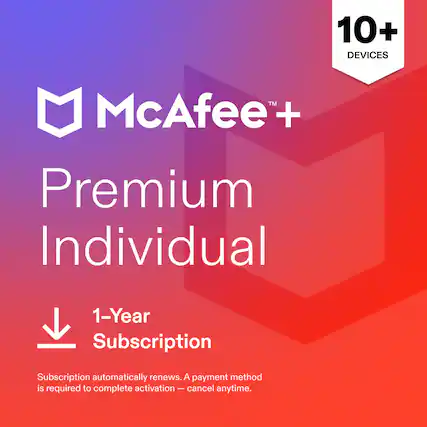 10+ DEVICES
McAfee + Premium Individual
1-Year Subscription
Subscription automatically renews. A payment method is required to complete activation - cancel anytime.