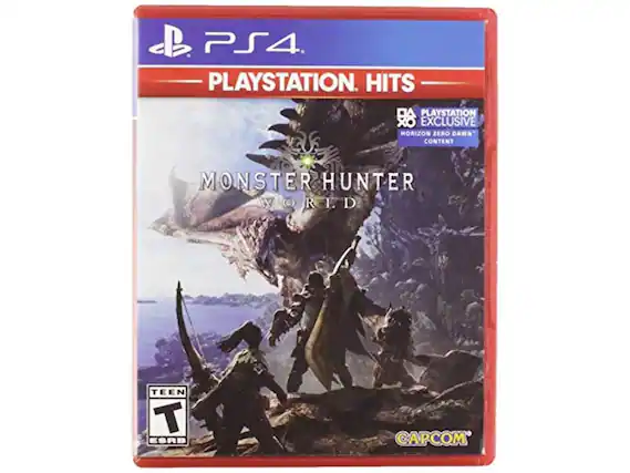PS4. PLAYSTATION. HITS. PLAYSTATION EXCLUSIVE HORIZON ZERO DAWN CONTENT. MONSTER HUNTER WORLD. TEEN. ESRB. CAPCOM - T (Teen 13+)