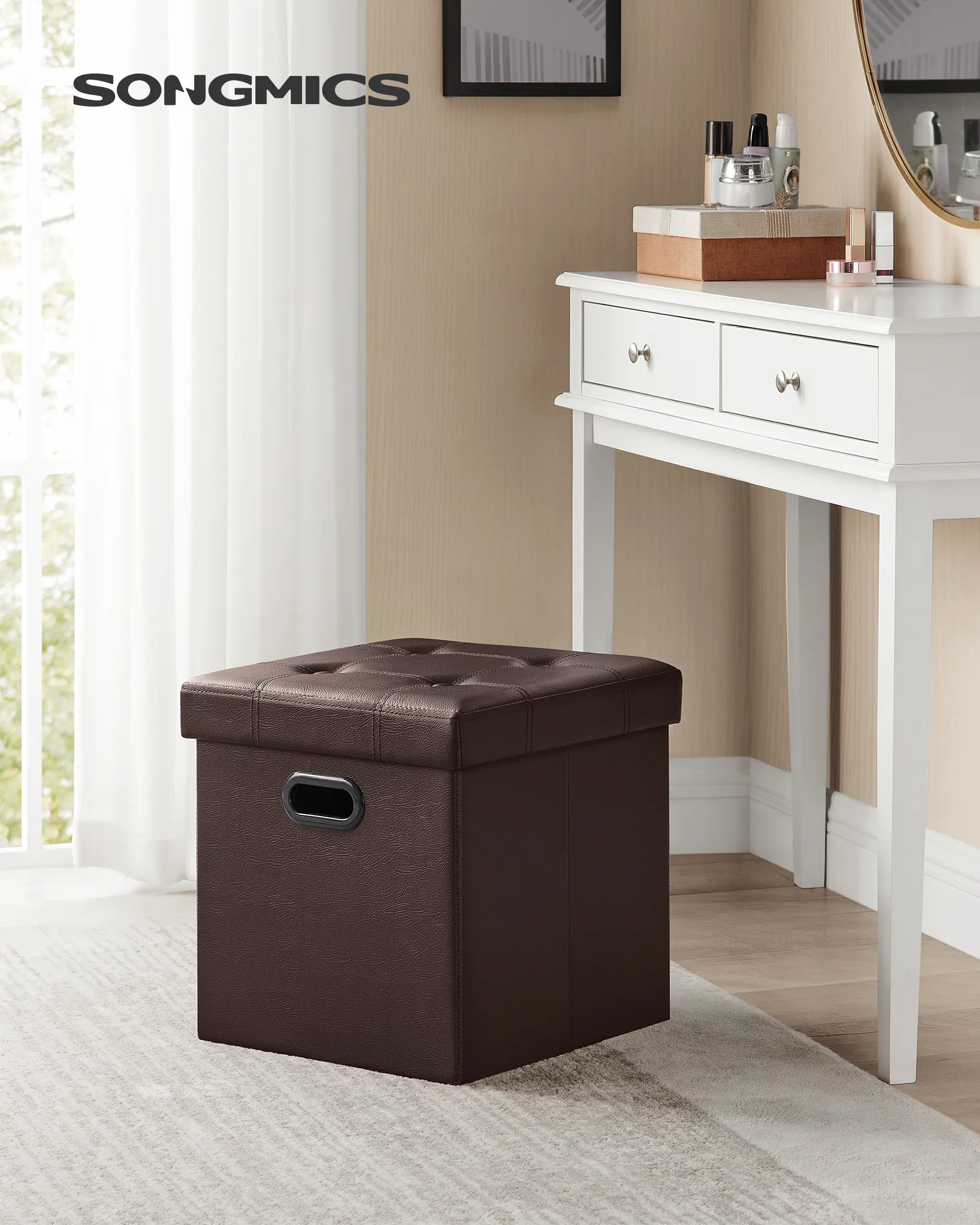 Angle. Songmics Home - 15 Inches Ottoman with Storage, Footstool, Storage Ottoman with Metal Handles, Load 660 lb, for Dorm, Living Room - Brown.