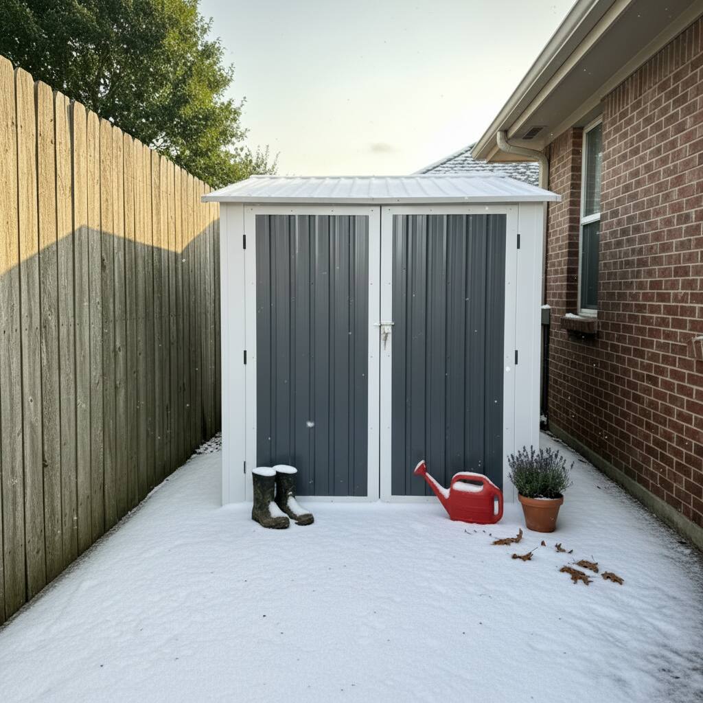 Left. Anysun - 6x9 FT Outdoor Metal Storage Shed with Window & Flower Rack – Lockable Double Doors Tool Shed, Waterproof Weatherproof - Coal Gray.