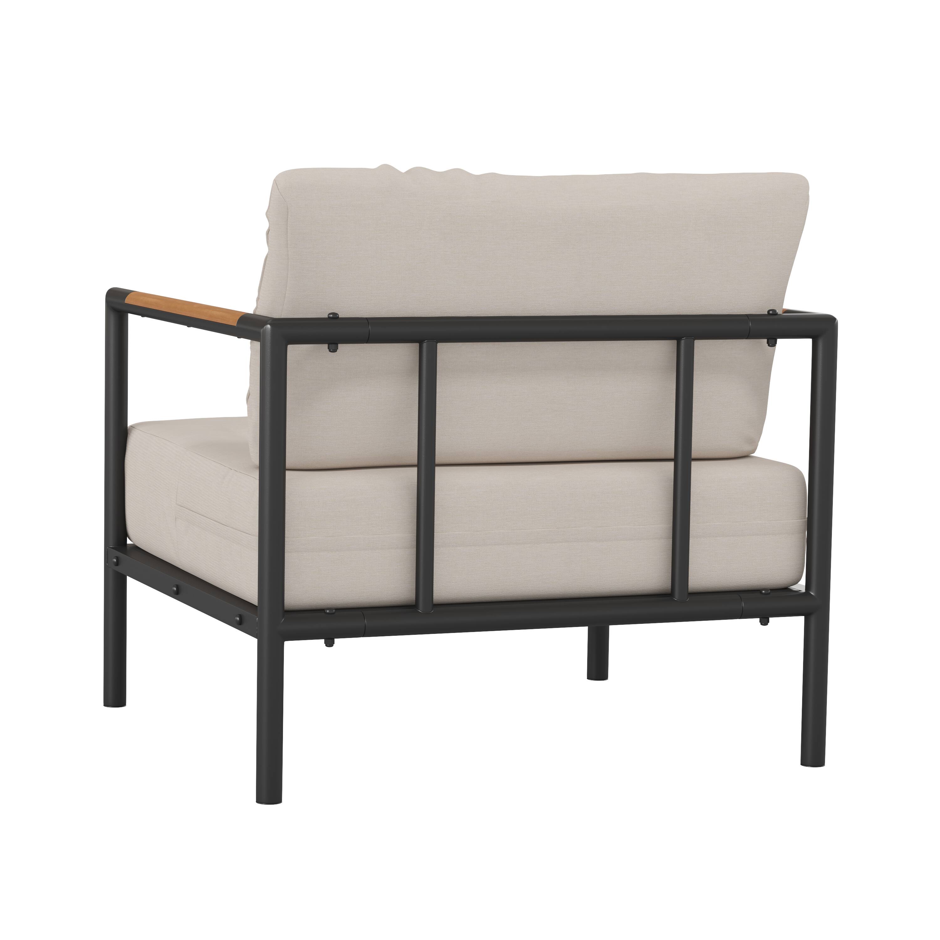 Alt View 5. Emma + Oliver - Aluminum Frame Patio Chair with Teak Arm Accents and Plush Cushions - Beige.