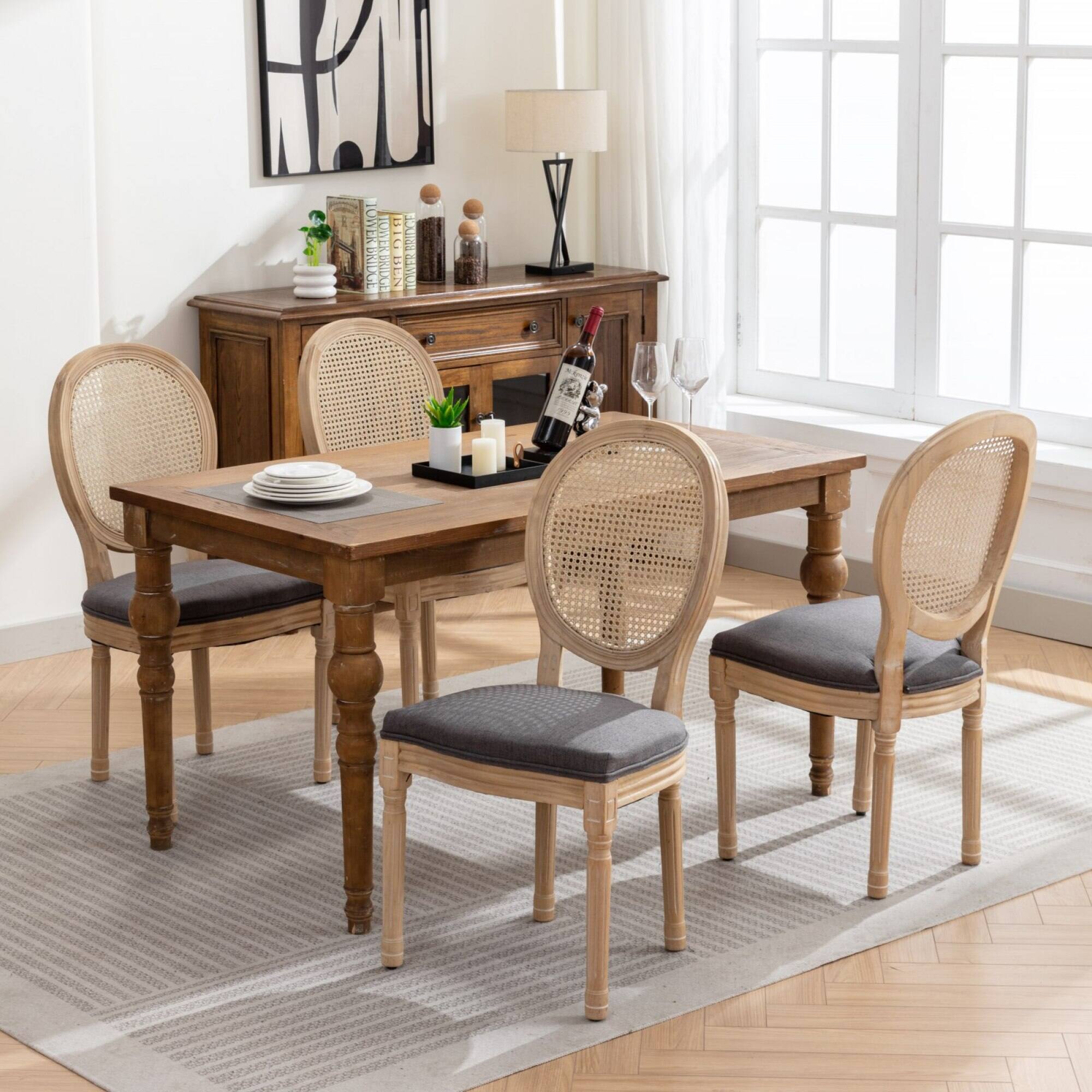 Alt View 10. GOODSILO - French Style Solid Wood Dining Chairs with Linen Upholstery and Rattan Backrest, Set of 2 - Gray.