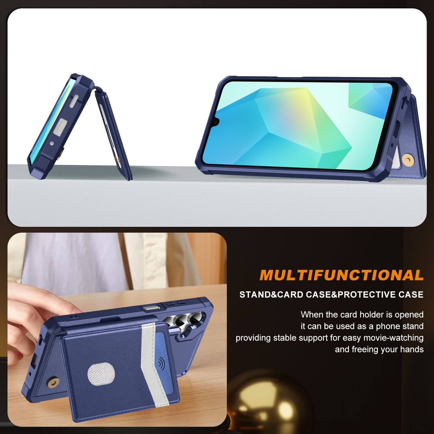 MULTIFUNCTIONAL STAND & CARD CASE & PROTECTIVE CASE

When the card holder is opened, it can be used as a phone stand, providing stable support for easy movie-watching and freeing your hands.