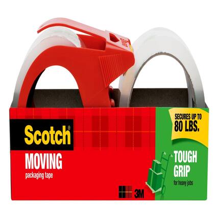 Scotch MOVING packaging tape
3M SECURES UP TO 80 LBS.
TOUGH GRIP for heavy jobs