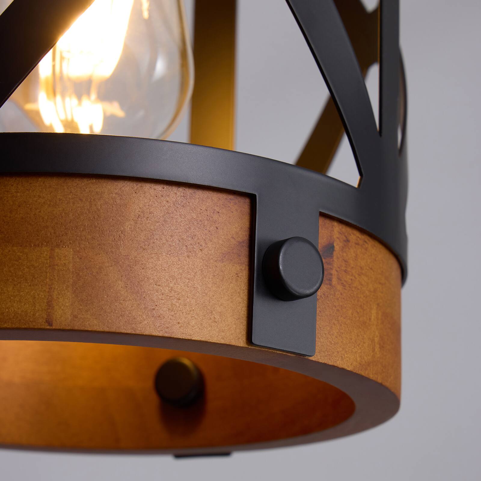 Alt View 10. Siljoy - 7-In Industrial Cage Pendant Light Black Wood Grain Lantern E26 Adjustable Height Kitchen Dining Entryway - Brown.