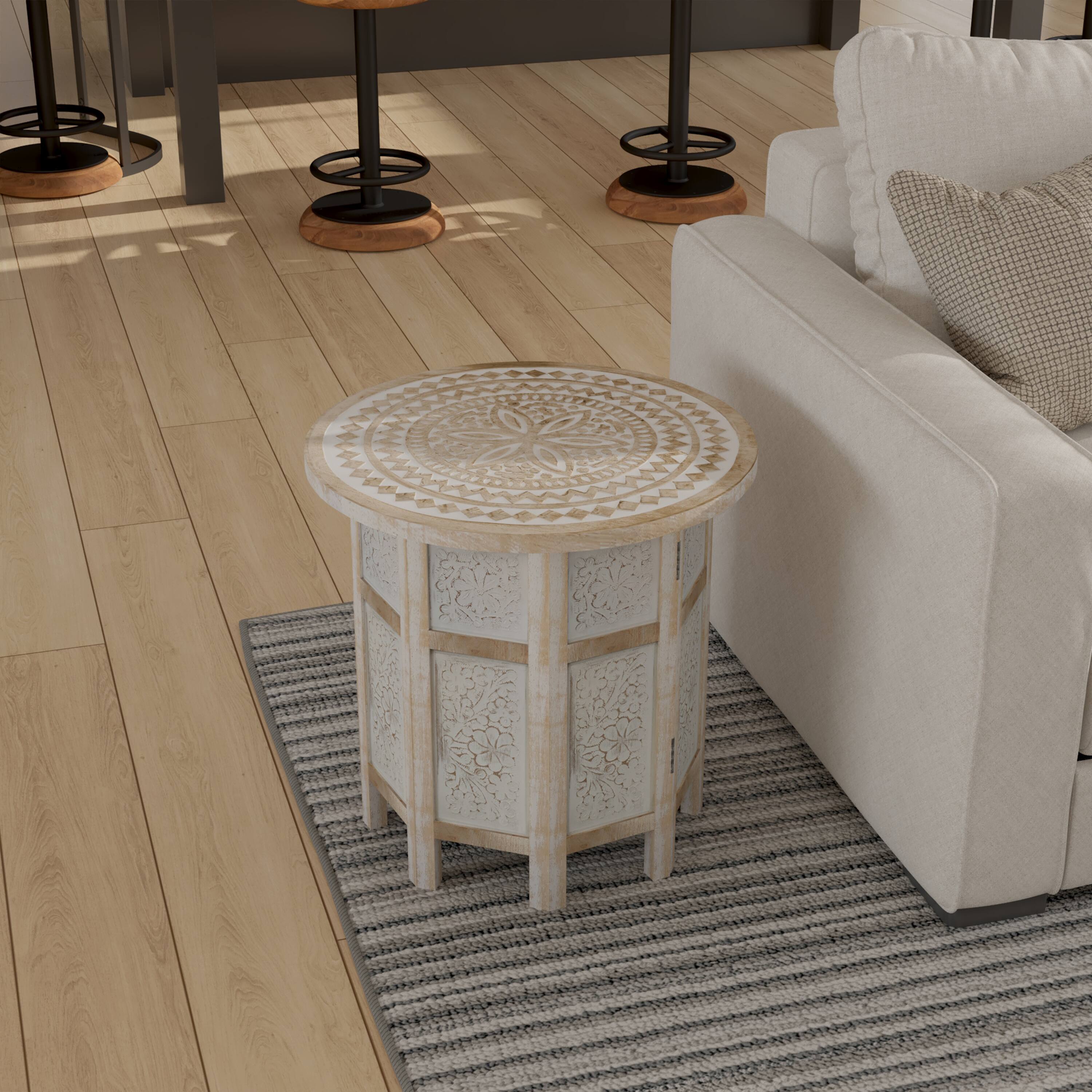 Alt View 6. Manhattan Lane - Accent Side Table, Mango Wood 18 Inch Round Top, Hand Carved Inlay Mandala Design - Washed White.