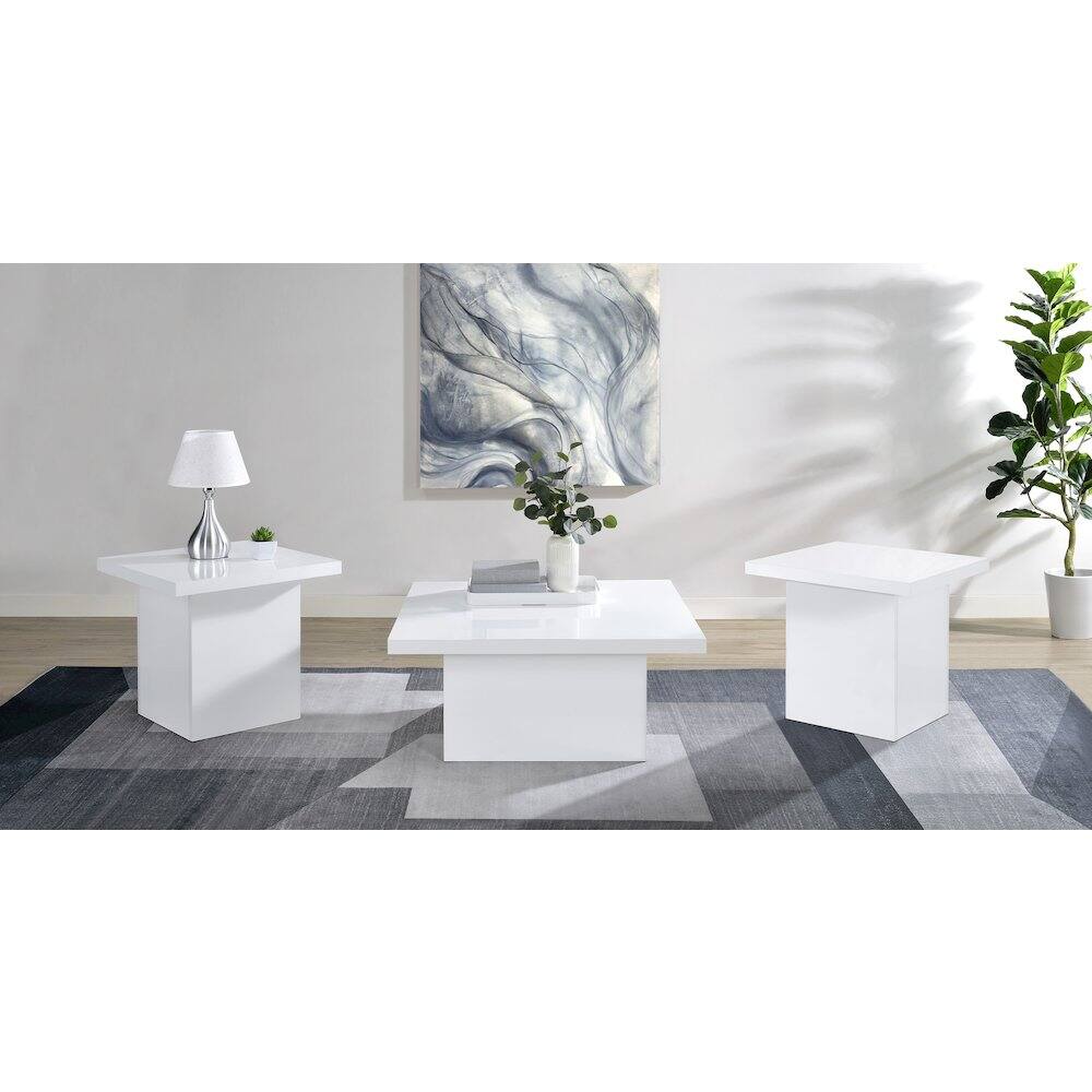 Angle. Coaster Co. of America - Devar 3-piece Square Coffee End Table Set White High Gloss - White High Gloss.