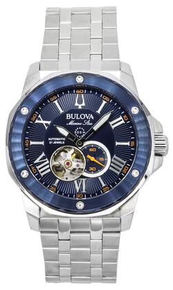 Bulova - Marine Star Automatic 21 Jewels 98A302 Mens Watch Stainless Steel Open Heart Blue Dial 200M - Silver, Blue