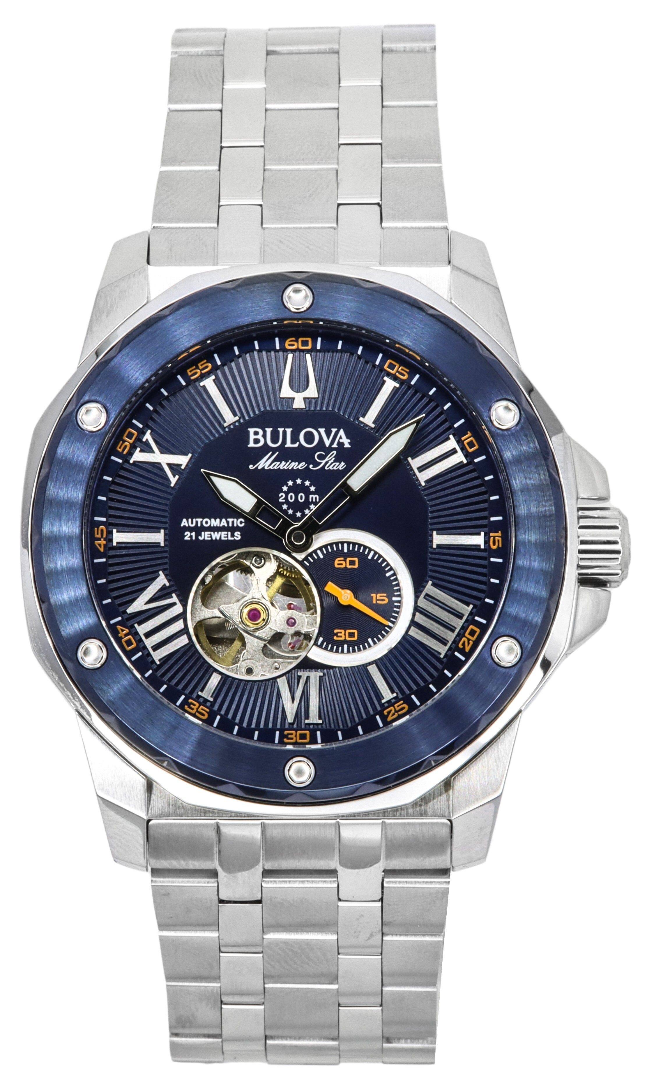 Bulova - Marine Star Automatic 21 Jewels 98A302 Mens Watch Stainless Steel Open Heart Blue Dial 200M - Silver, Blue