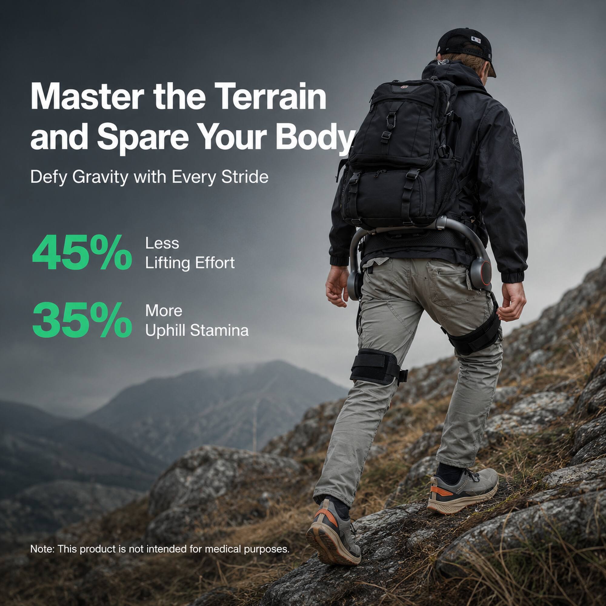 Master the Terrain and Spare Your Body  
Defy Gravity with Every Stride  

Less 45% Lifting Effort  
More 35% Uphill Stamina  

Note: This product is not intended for medical purposes.