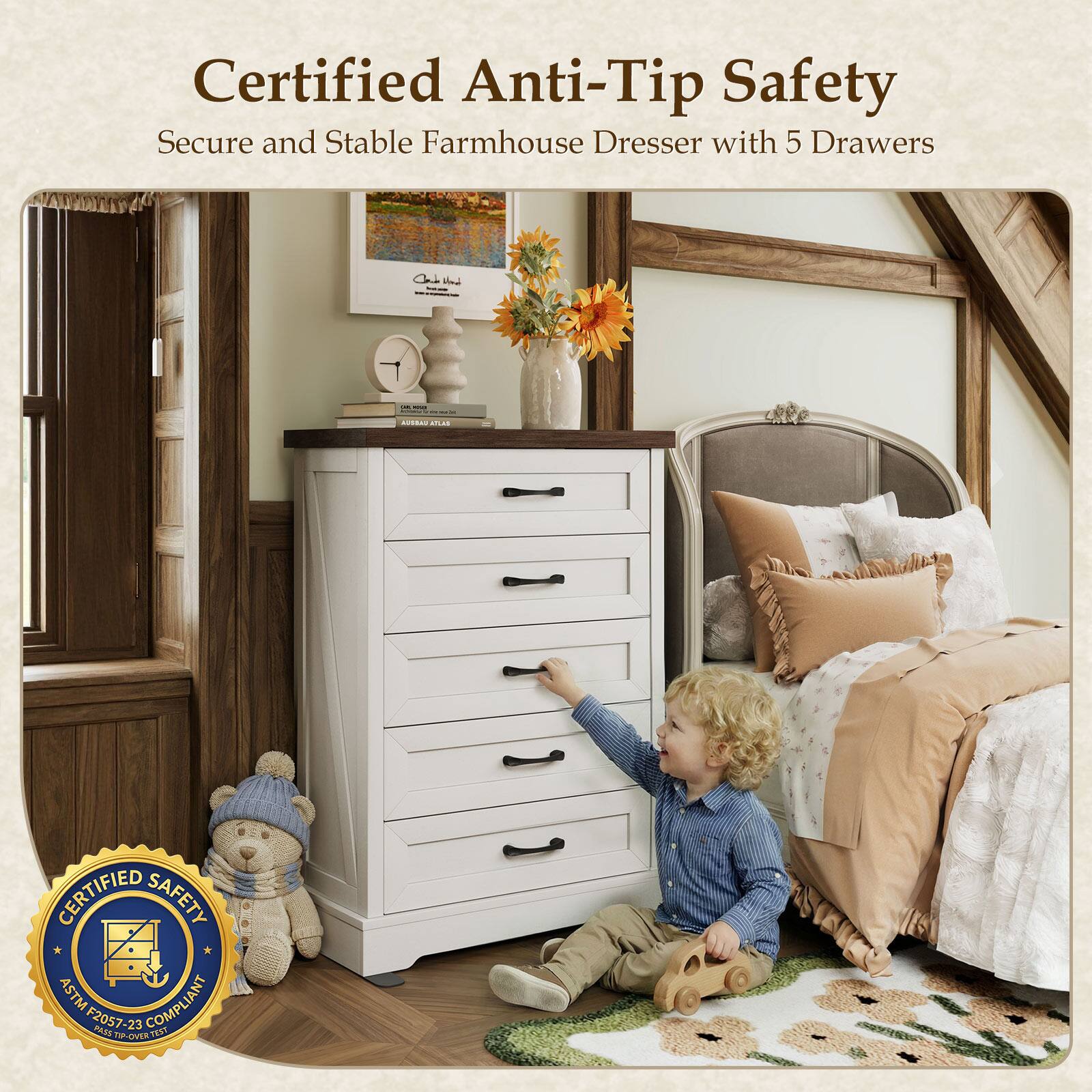 Certified Anti-Tip Safety  
Secure and Stable Farmhouse Dresser with 5 Drawers  

- OC iN CERTIFIED SAFETY ASTM F2057-23 ASTM COMPLIANT LIANT F2057-23 PARS 23 COMP PI-OVER TEST