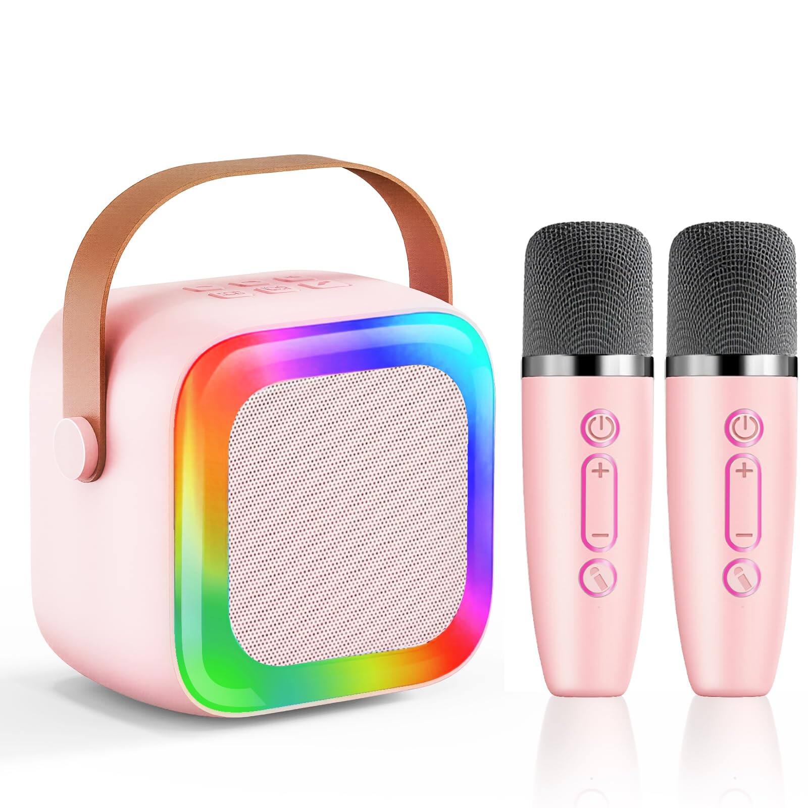 Left. Cozy Serene - Led Light Mini Karaoke Machine For Teen Adults With 2 Wireless Microphones And Led Lights Toys Party Home Gifts 4 5 6 7 - Beige.