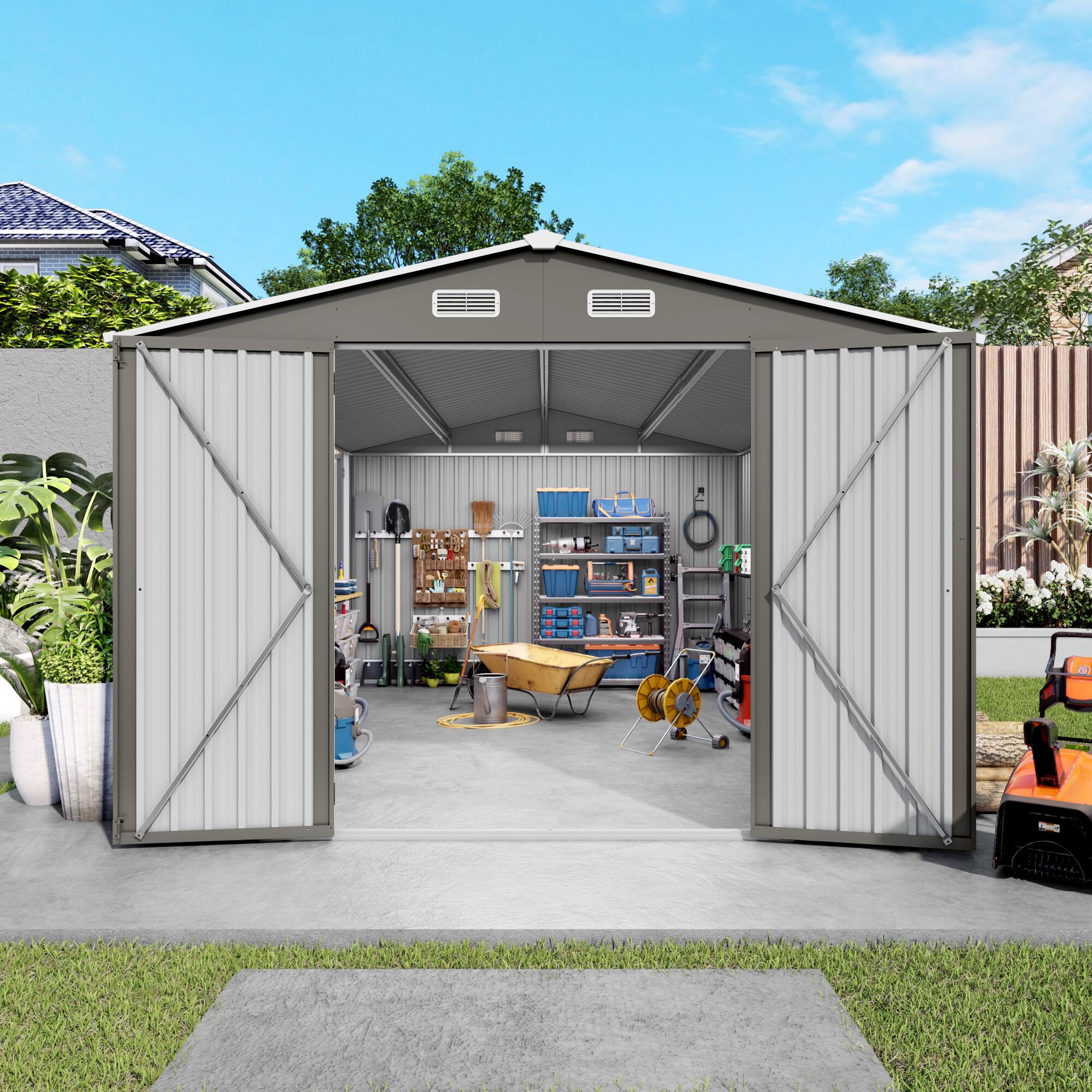 Back. Mondawe - 10x14 FT Outdoor Metal Storage Shed with Three Lockable Doors and Clear Window - Gray.