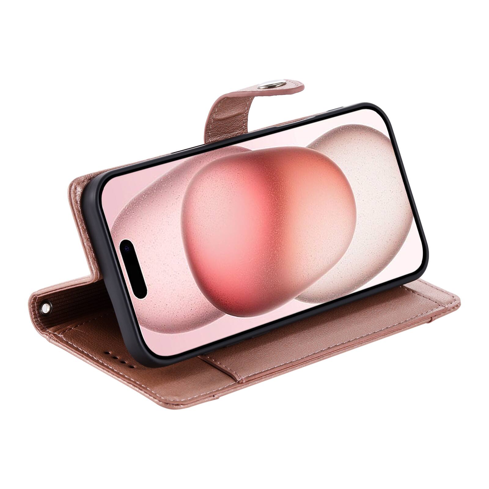 Alt View 3. Dteck - Wallet Case for Apple iPhone 16 Plus Crossbody Premium Leather Kickstand Zipper Card Slot Cover With Strap+Lanyard - Rosegold.