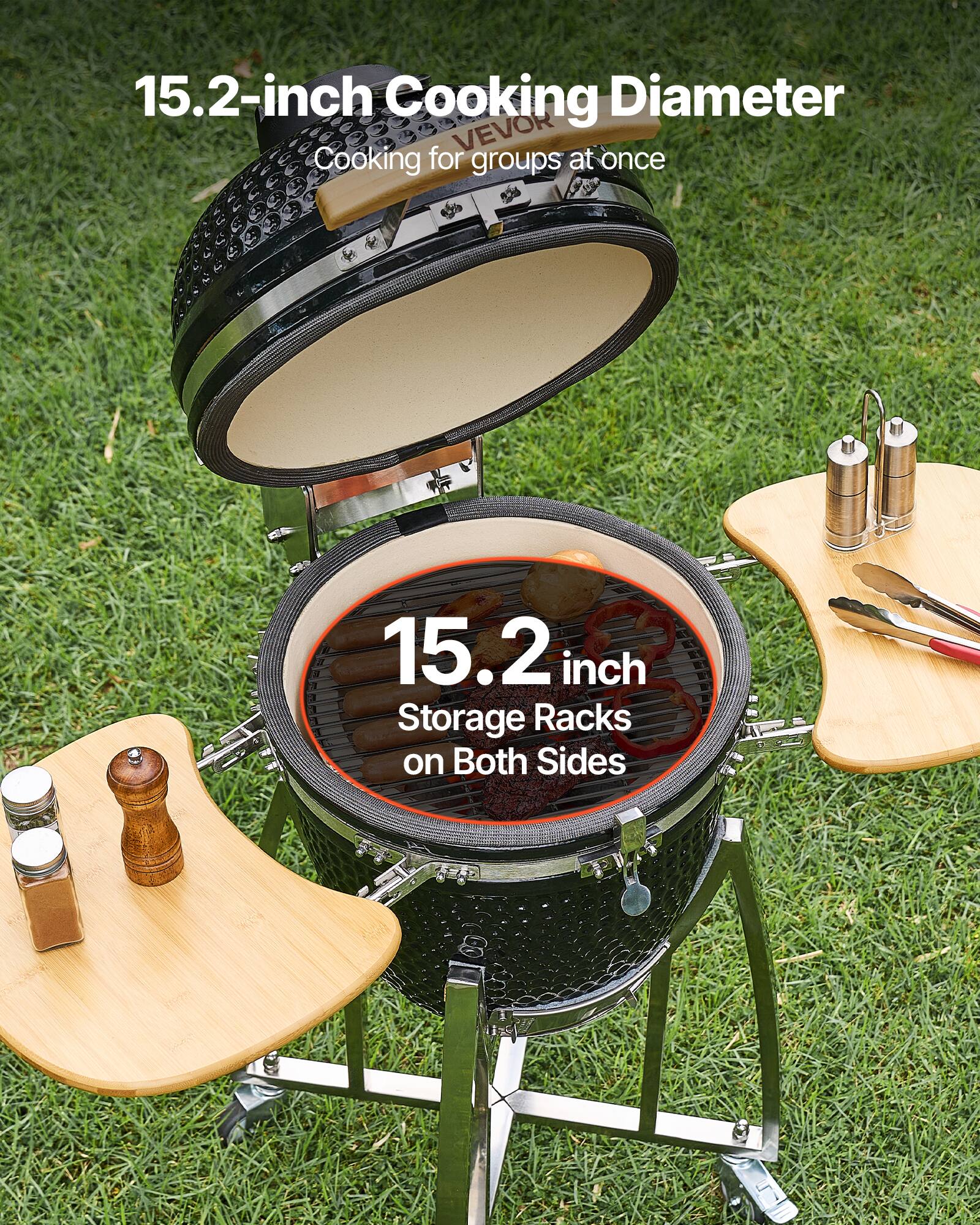 15.2-inch Cooking Diameter  
Cooking for groups at once  

15.2-inch Storage Racks on Both Sides