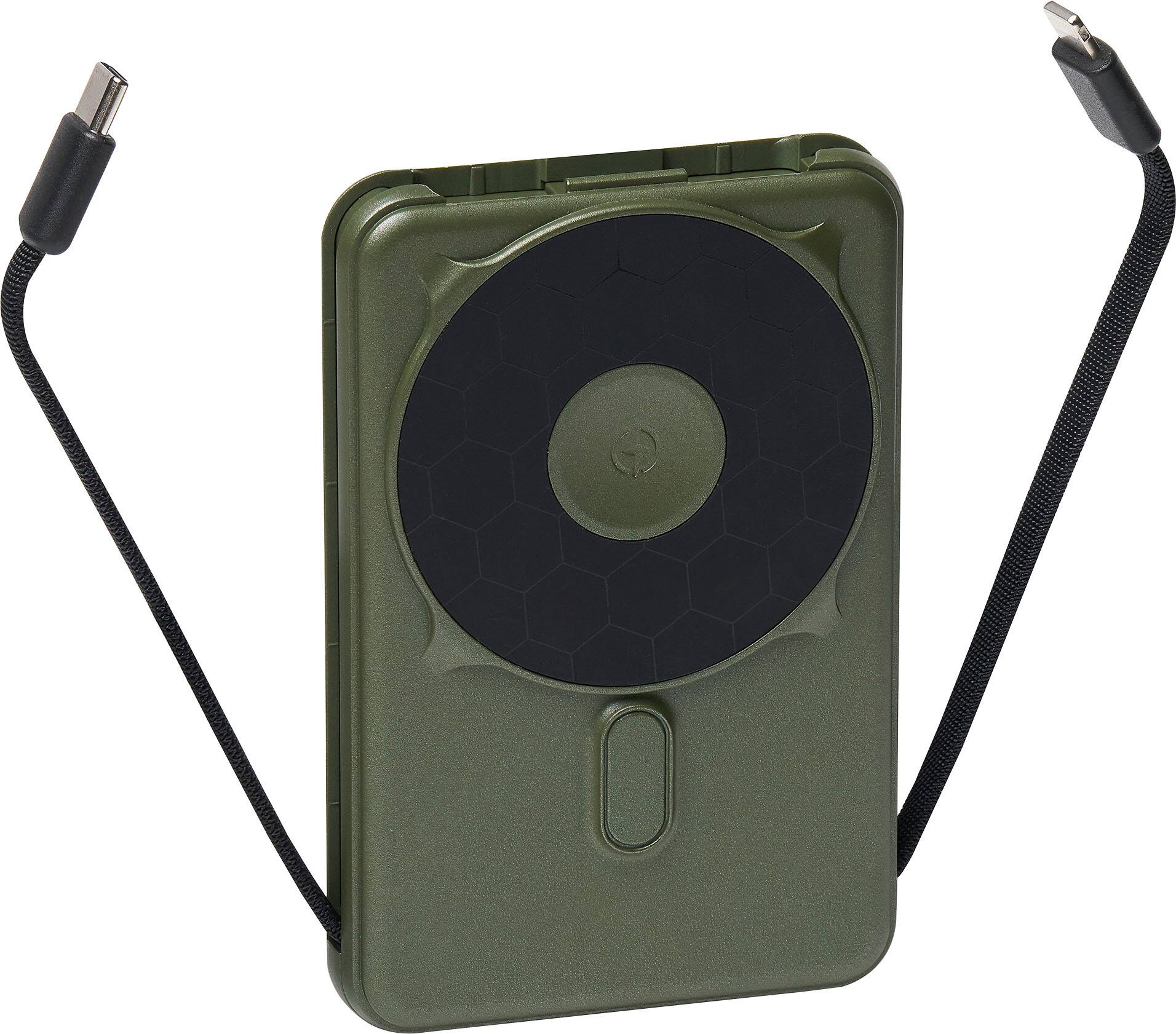 Angle. The Ridge Wallet - MAGSAFE POWER BANK 10,000mAh 20w 5-in-1 with integrated lightning and USB-C cables, Apple Watch charging, and Kickstand - Green.