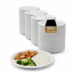 Eco Harmony Products - Bagasse Plates (PFAS-Free), 3-compartment, 9", 500-Pack - White