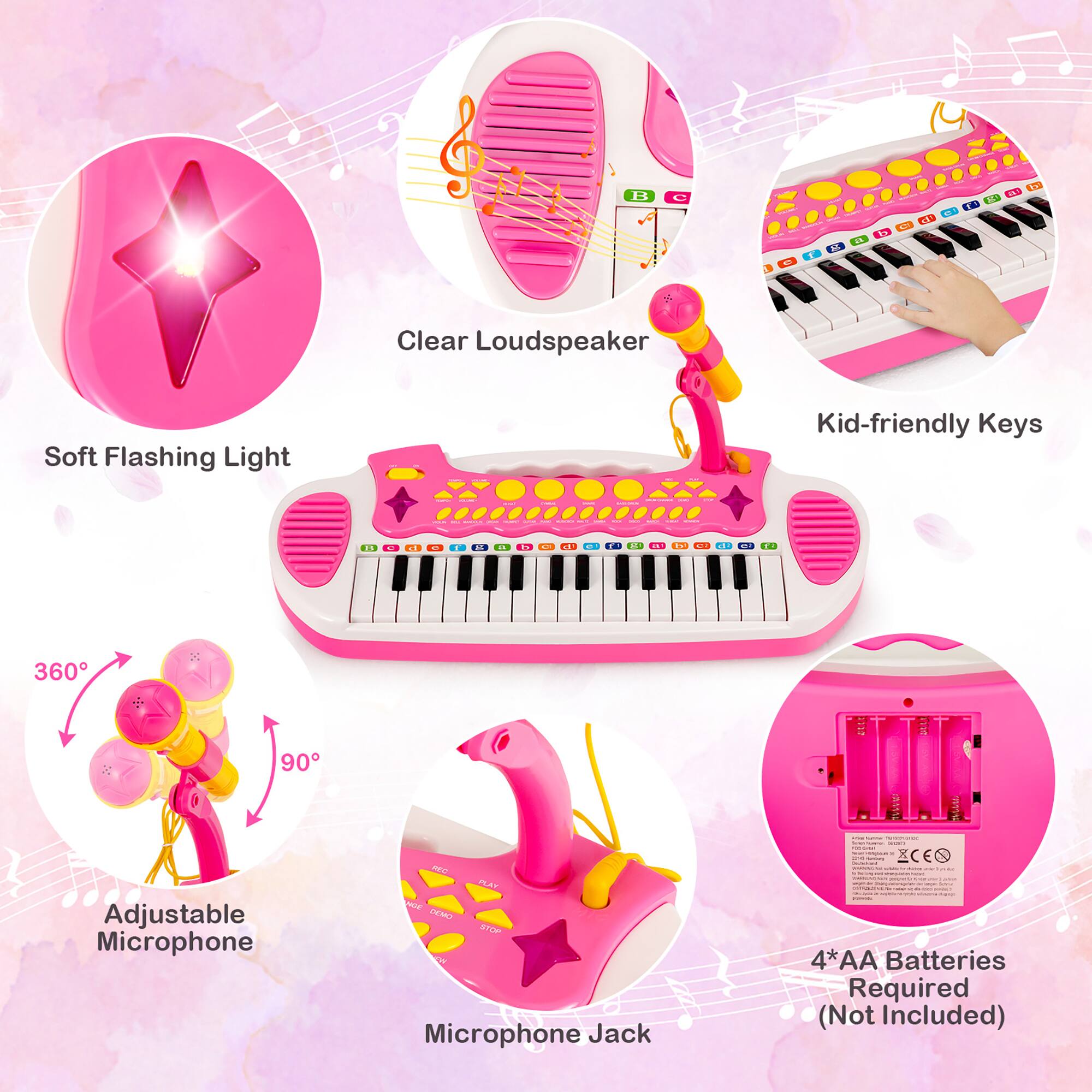 The text on the image can be grouped and corrected as follows:
1. Clear Loudspeaker: This feature allows for clear audio output.
2. Soft Flashing Light: This feature provides a gentle, flashing light for a more kid-friendly experience.
3. Kid-friendly Keys: These keys are designed to be easy for children to use and understand.
4. Adjustable Microphone: This feature allows for adjusting the microphone to the desired position.
5. Microphone Jack: This feature allows for connecting external microphones to the device.
6. 360 Degree Rotation: This feature allows for the device to be rotated 360 degrees for optimal viewing.
7. 4*AA Batteries Required (Not Included): This feature indicates that the device requires four AA batteries, which are not included in the package.