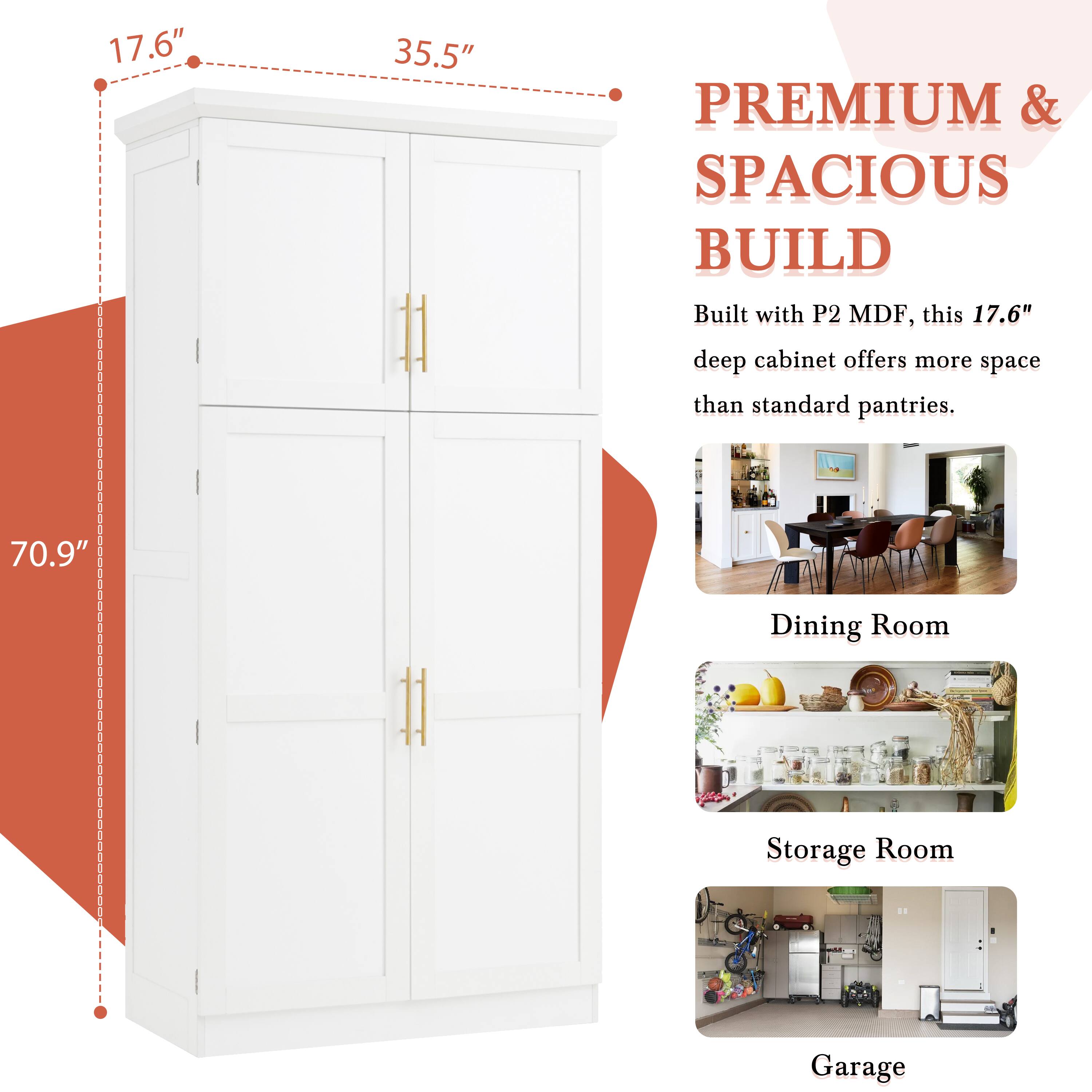 17.6" 35.5" PREMIUM & SPACIOUS BUILD

Built with P2 MDF, this 17.6" deep cabinet offers more space than standard pantries.

70.9" Dining Room Storage Room Garage