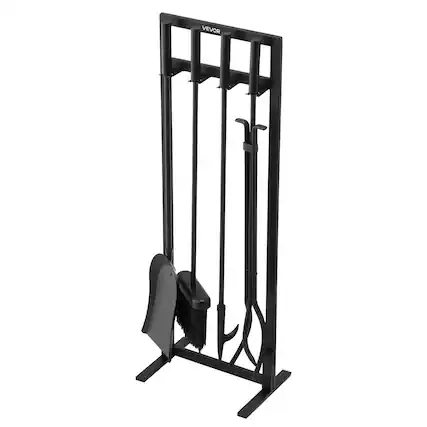Front. VEVOR - Fireplace Tool Set, 5 PCS Fire Tool Set and Holder with Square-Frame Stand, Tongs, Ash Shovel, Brush, Fire Place Poker - Black.