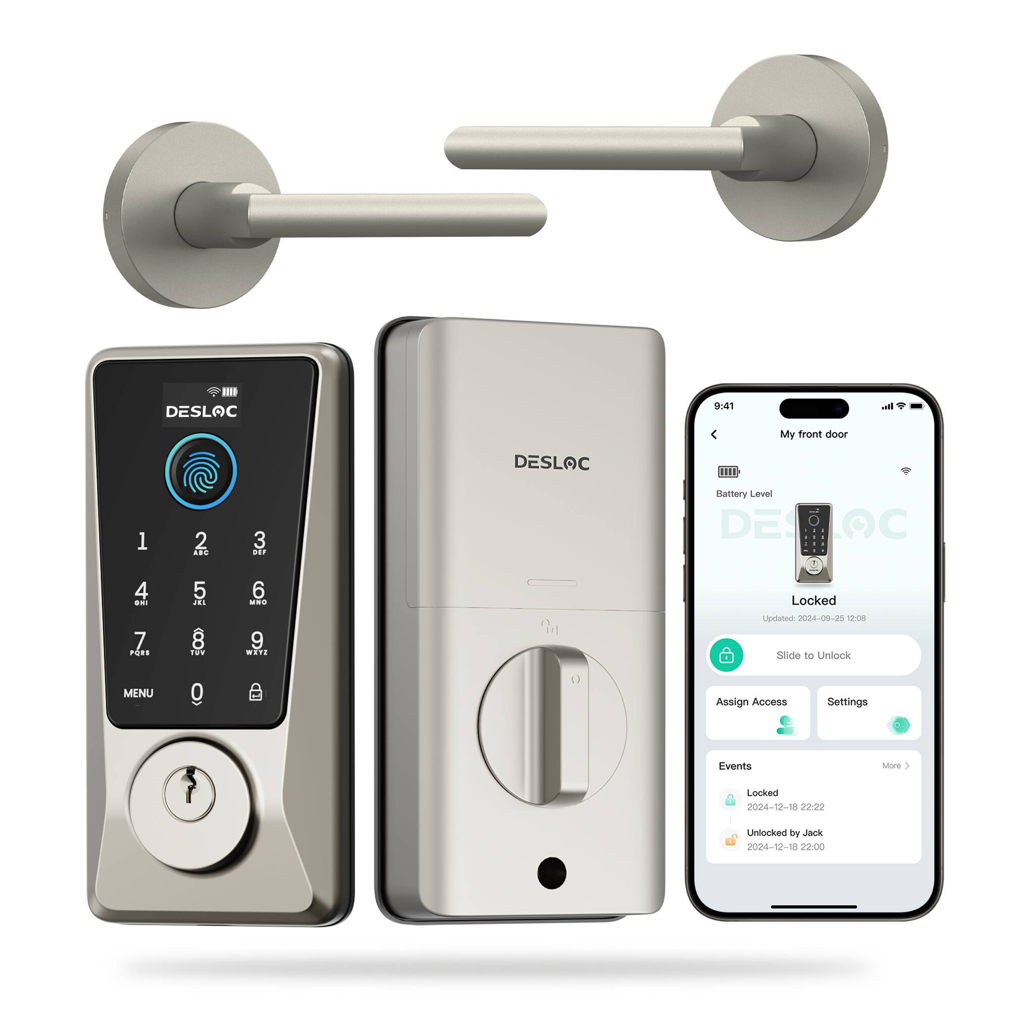 018 DESLOC ra. Ib My front door DESLOC 81E 1 2 ... 3 mie Battery Level DEPOO 4 sa. 5 dis 6 .. Locked 7 ra 8 ide 9 miTA EF Updated 2004-00 C 17:00 Slide D0 Unlock MENU 0 Assign Access Settings Events More 1 Locked 2024-12-18 22:22 Unlocked by Jack 2024-12-18 15 22:00