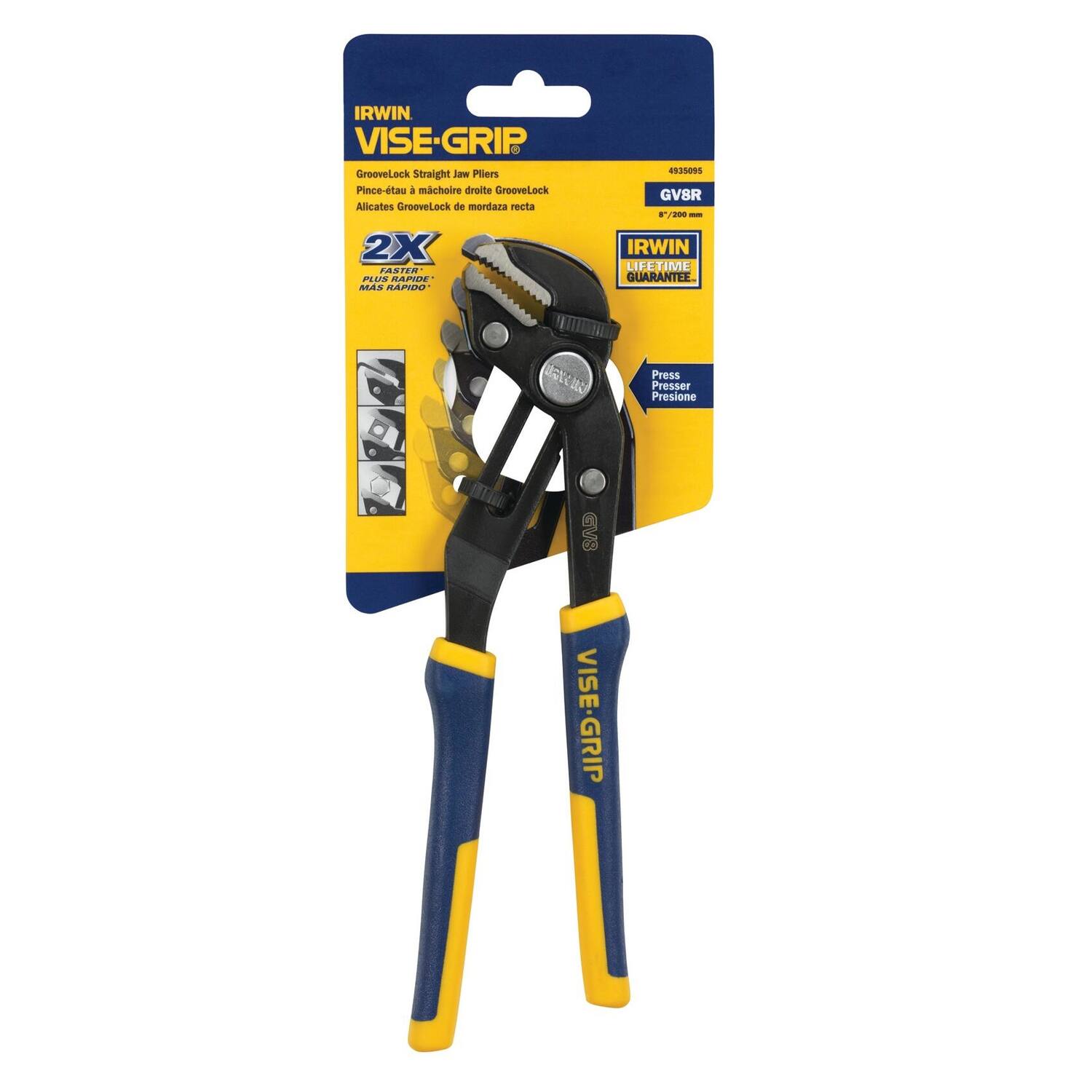 IRWIN VISE-GRIP GrooveLock Straight Jaw Pliers  
Pince-étai à mâchoire droite GrooveLock  
Alicates GrooveLock de mordaza recta  

2X FASTER  
PLUS RAPIDE  

IRWIN LIFETIME GUARANTEE  
Presser  
Presione  

GV8R