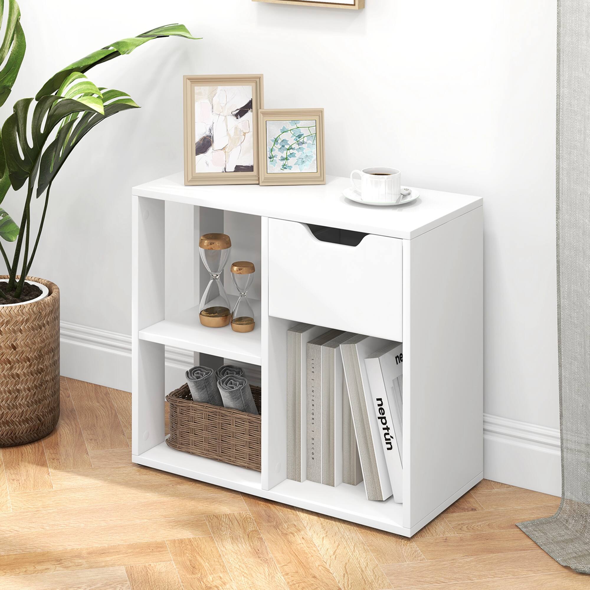 Alt View 12. Costway - 3-Cube Bookcase Organizer with 2-tier Wooden Storage Shelf & Pull-out Drawer - White.