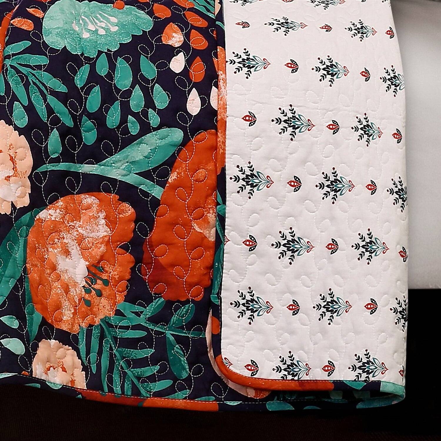 Back. Hivvago - King size Boho Floral Red Poppy Navy Teal Lightweight 3 Piece Cotton Quilt Set - Red Poppy Navy.