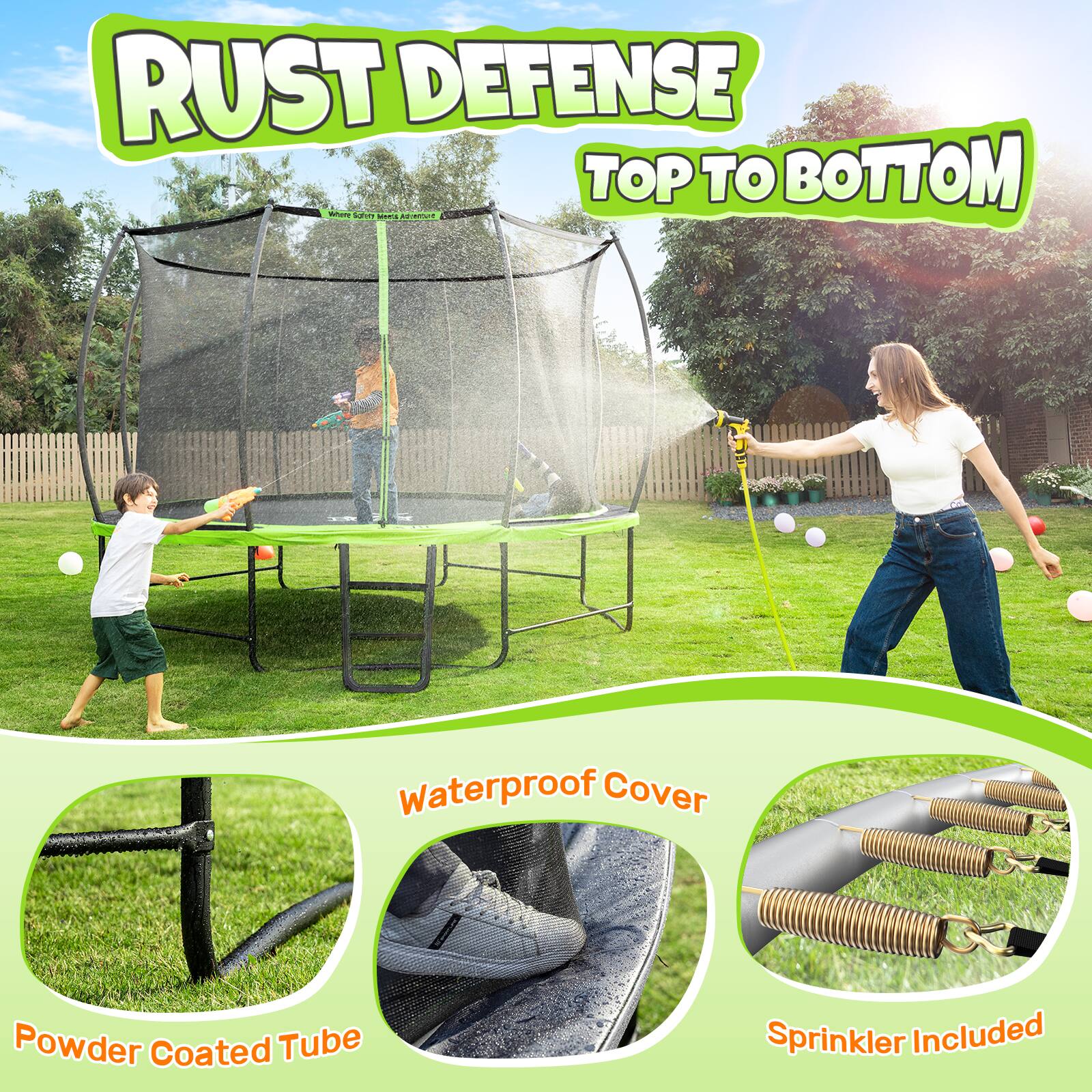 RUST DEFENSE  
TOP TO BOTTOM

- Waterproof Cover
- Powder Coated Tube
- Sprinkler Included