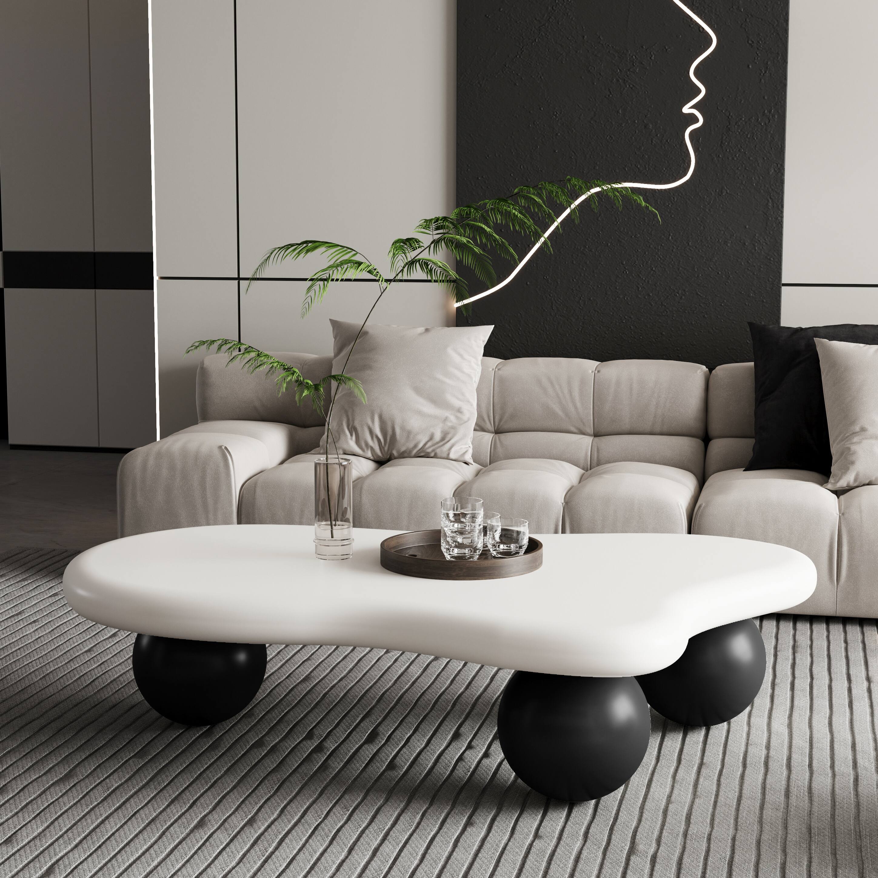 Left. Loheer - Loheer 47 Inch Modern Cloud Shaped Coffee Table White Top Black Legs - Black White.