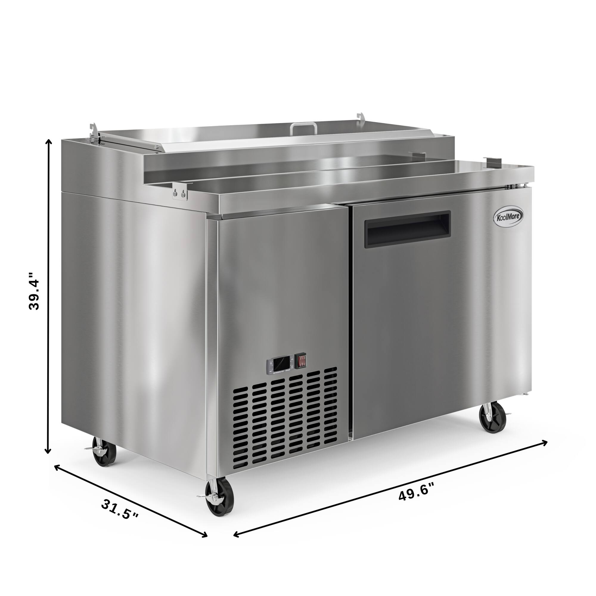 The text on the image reads "6 KoolMore 39.4" M 31.5" 49.6". This text is likely describing the dimensions of the stainless steel appliance. The first number, "6," could be a model number or a reference to the number of compartments or sections within the appliance. The second number, "39.4," is the height of the appliance in inches. The third number, "31.5," is the width of the appliance in inches. The fourth number, "49.6," is the depth of the appliance in inches.