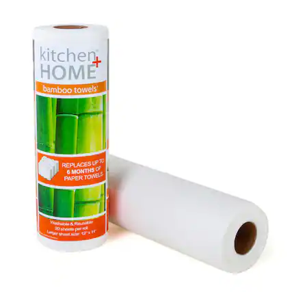 kitchen + HOME
bamboo towels*
REPLACES UP TO 6 MONTHS OF PAPER TOWELS
Washable & Reusable
20 sheets per roll
Larger sheet size: 12" x 11"