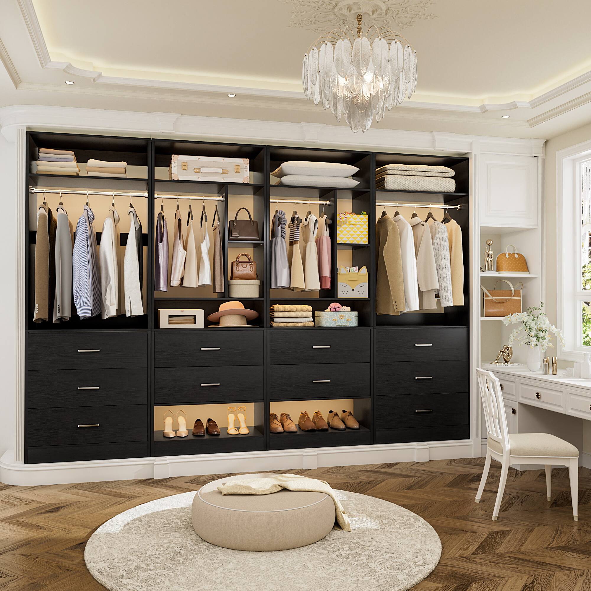 Back. Aheaplus - Heavy Duty 48-Inch Walk-in Closet Organizer: 5 Wood Drawers, 2 Hanging Rods, 7 Shelves (48x15x80 in) - Black.