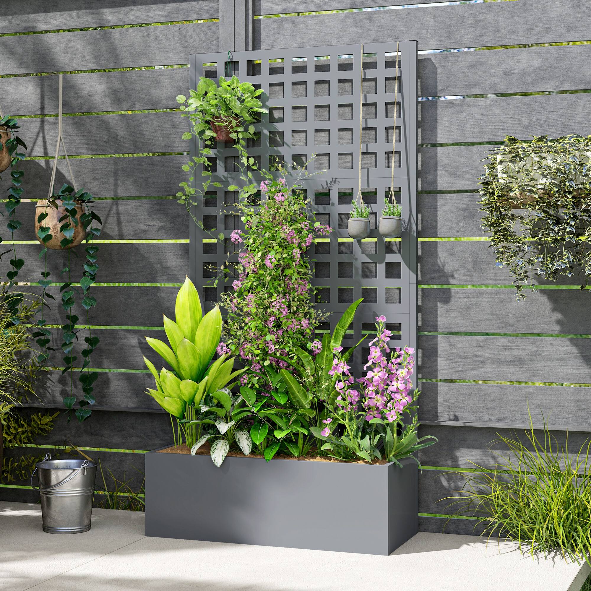 Alt View 7. Outsunny - Raised Garden Bed Planter Box with Trellis for Climbing Plants, Vegetable, Vines - Gray.