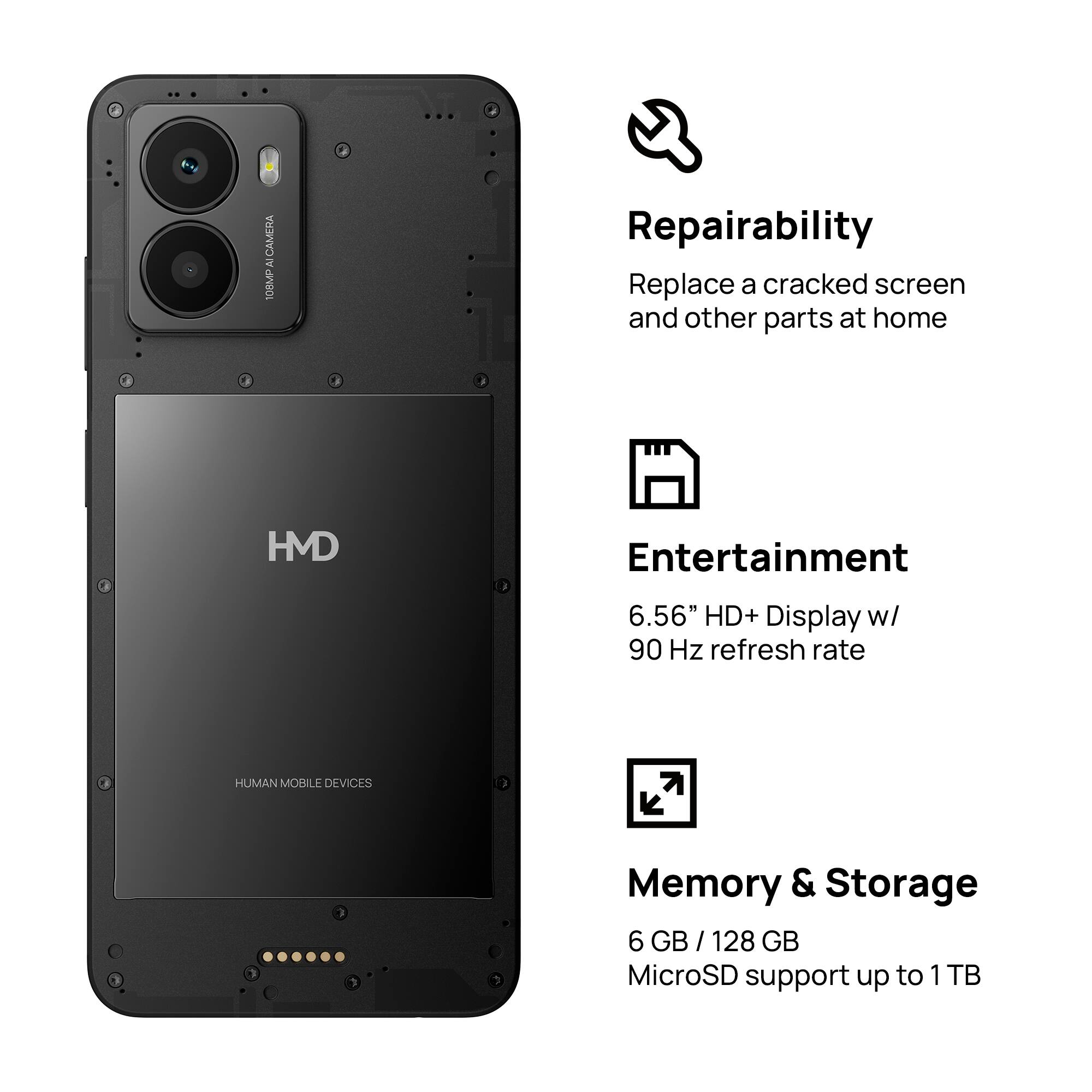 1. Camera: The image features a cell phone with a camera on the back.
2. Repairability: The cell phone is designed to be repaired at home, allowing users to replace cracked screens and other parts.
3. Entertainment: The device has a 6.56" HD+ display with a 90 Hz refresh rate, providing an immersive entertainment experience.
4. Human Mobile Devices: The cell phone is manufactured by Human Mobile Devices, a company known for producing high-quality mobile devices.
5. Memory & Storage: The cell phone comes with 6 GB of RAM and 128 GB of internal storage, along with support for MicroSD cards up to 1 TB.