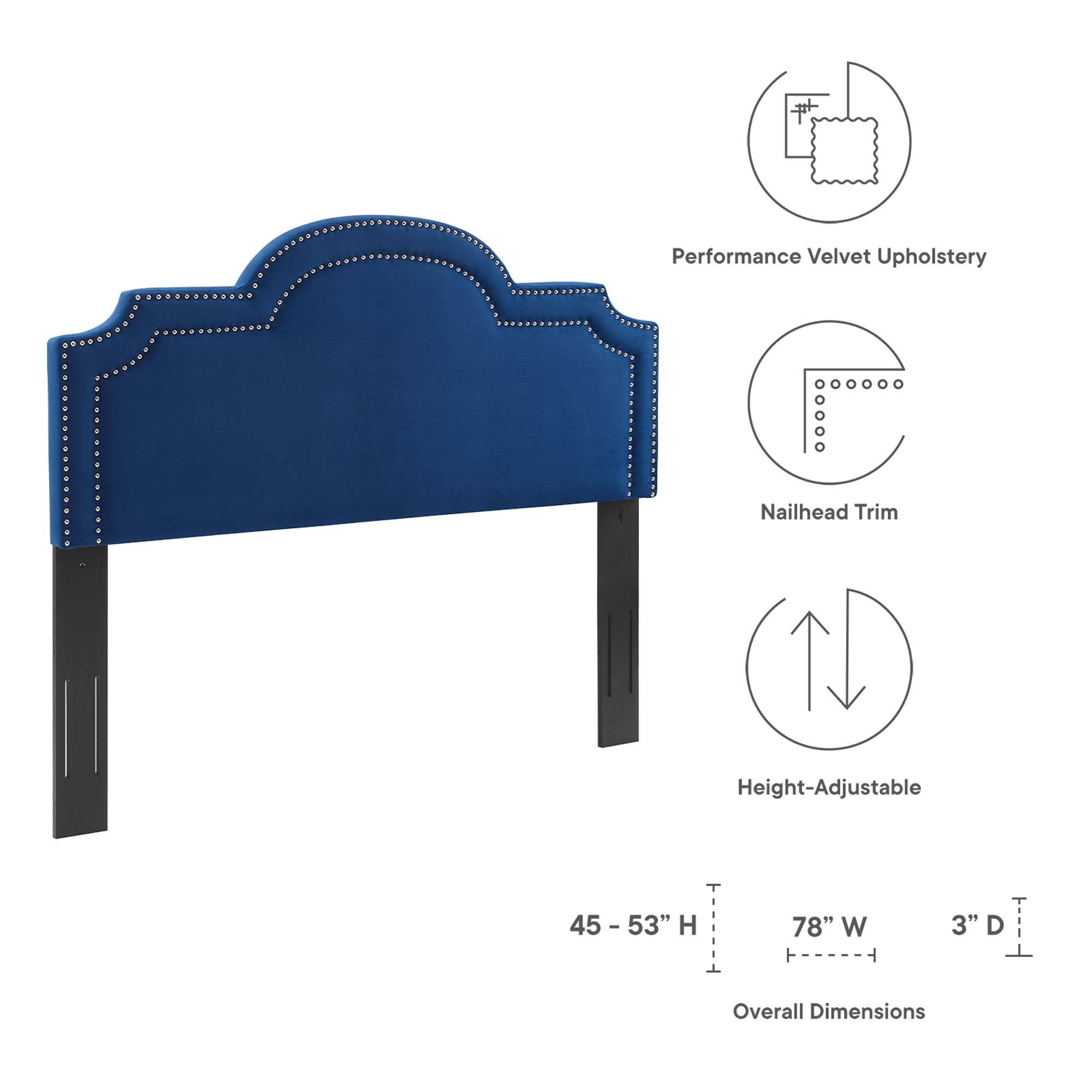 Performance Velvet Upholstery  
Nailhead Trim  
Height-Adjustable  

Overall Dimensions:  
45 - 53" H  
78" W  
3" D