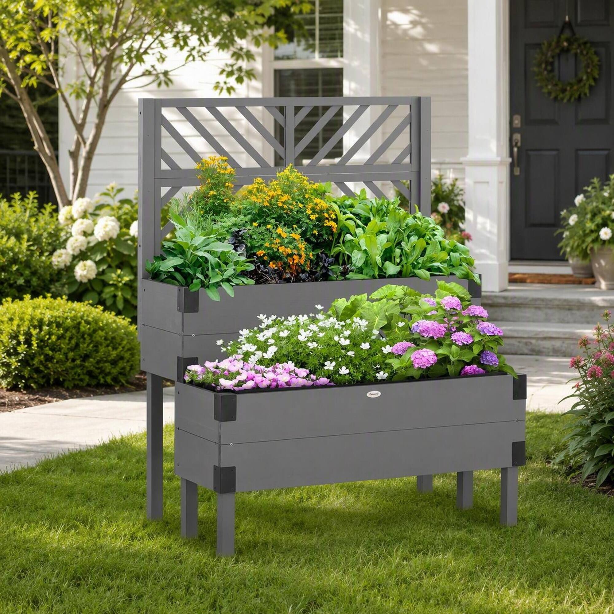 Alt View 1. RYHNUYNE - Outsunny Raised Garden Bed with Trellis, 2 Tier Wooden Elevated Planter Box with Legs, Metal Corners - Gray.
