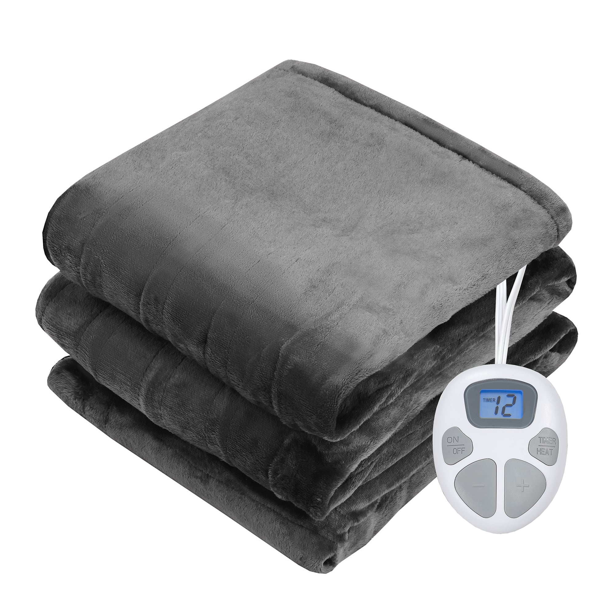The image features a pile of grey blankets with a white timer on top of them. The timer has a digital display and is set to 72 degrees. The blankets are stacked neatly, and the timer is placed on top of them, indicating that they are being used for heating purposes.