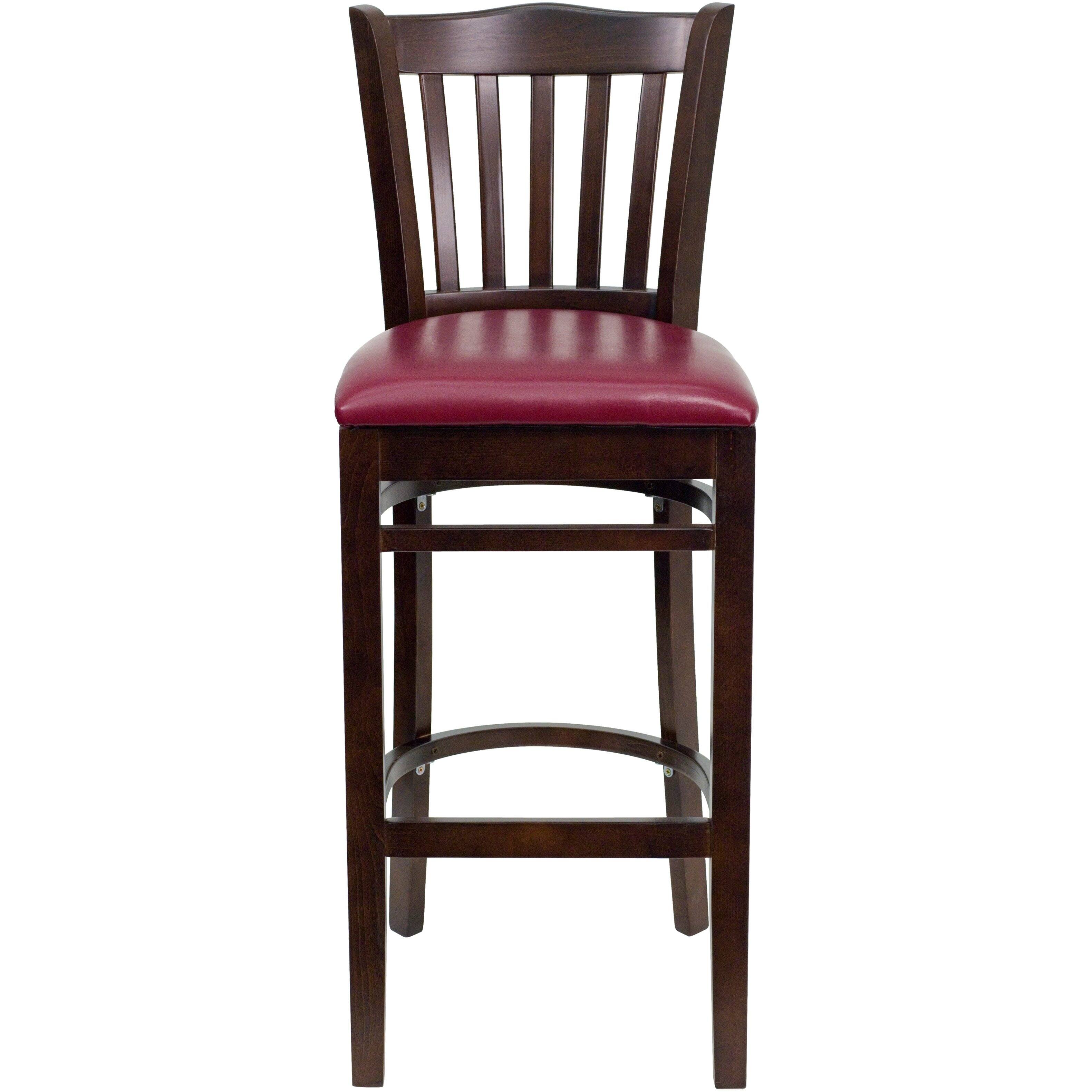 Alt View 5. Emma + Oliver - Vertical Slat Back Wooden Restaurant Dining Barstool - Burgundy Vinyl Seat/Walnut Wood Frame.