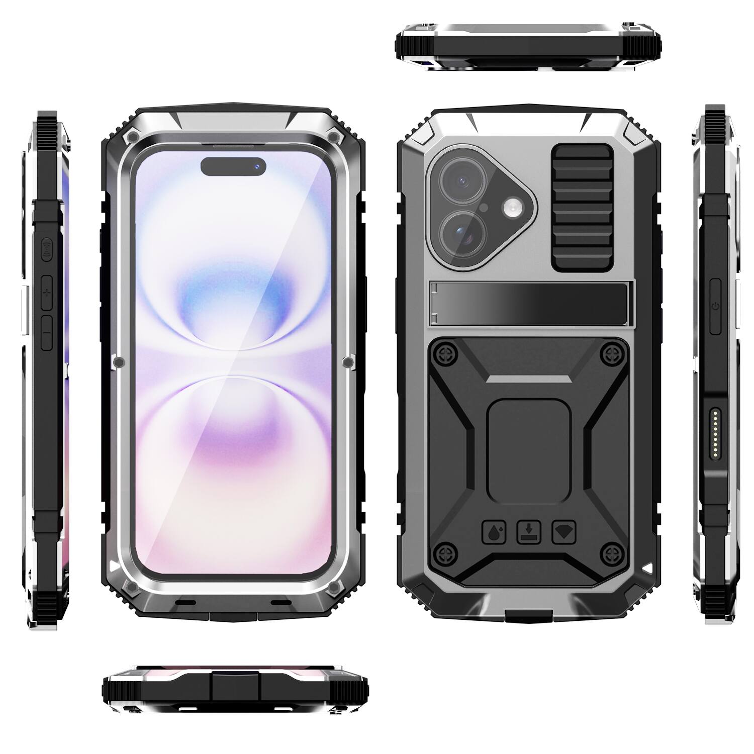 Alt View 5. Dteck - For Apple iPhone 17 Case Outdoor Sports Kickstand Rugged Heavy Duty Full Body Cover with Built in Screen Protector - Silver.