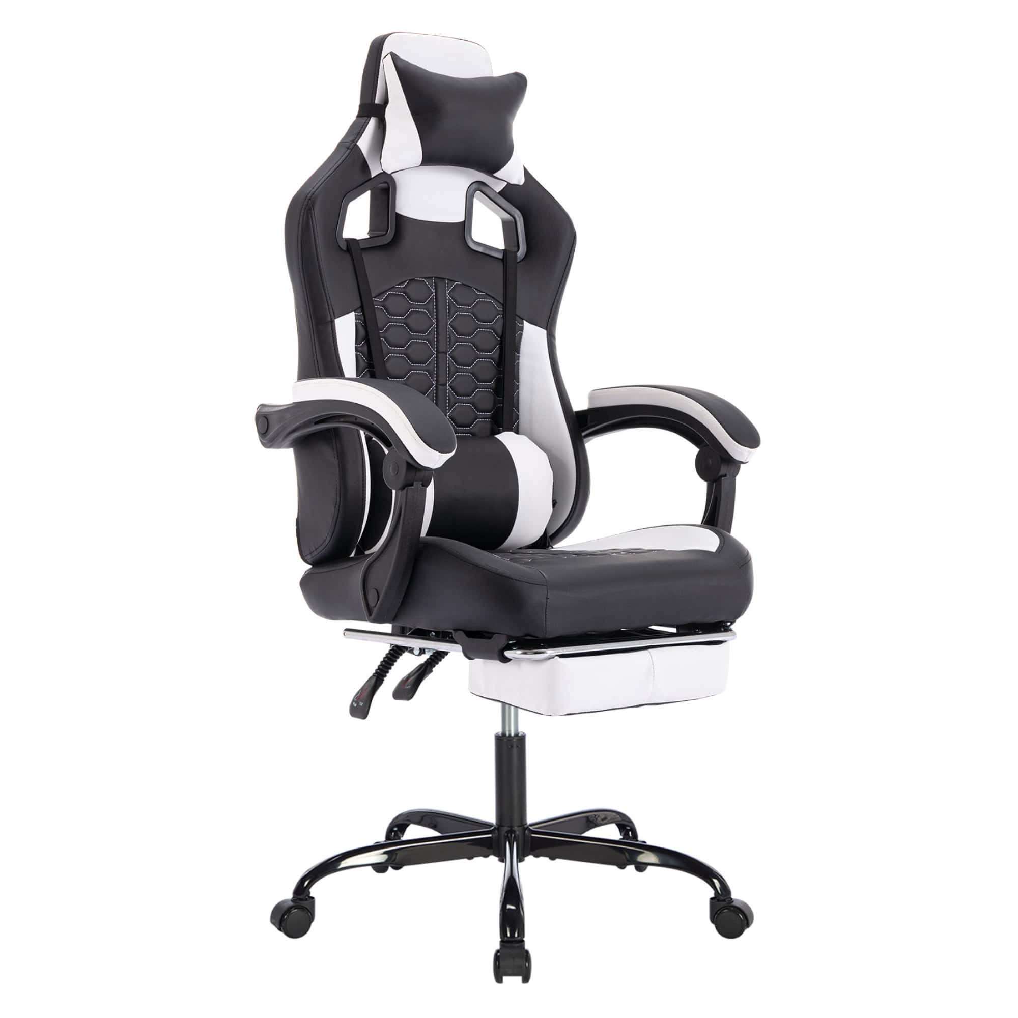 GOODSILO - Ergonomic Gaming Chair with Massage Function and Retractable Footrest for Enhanced Comfort and Support - Black White