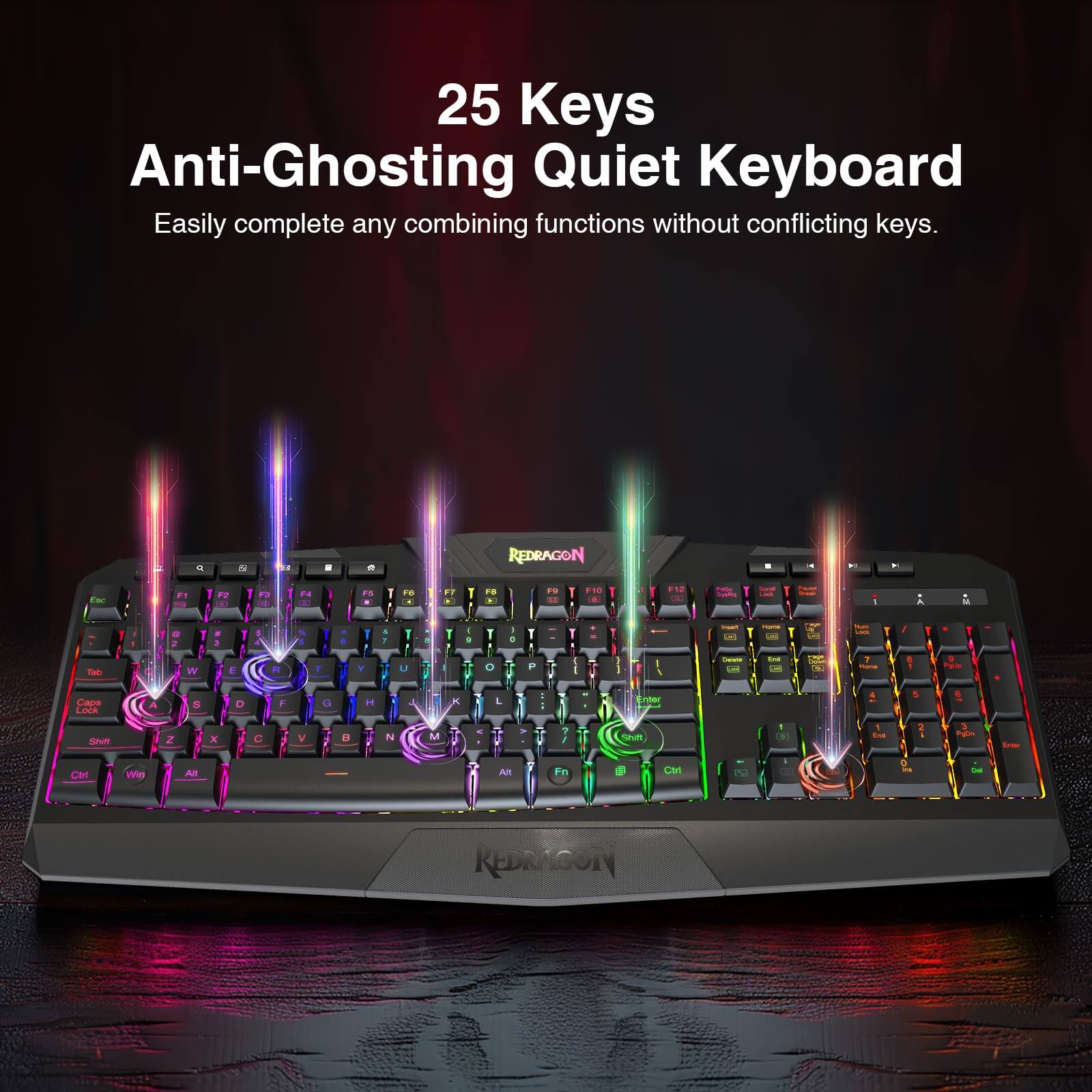 25 Keys Anti-Ghosting Quiet Keyboard  
Easily complete any combining functions without conflicting keys.

Q  
a  
25  
REDRAGON  
F1  
F2  
1  
F6  
FT  
FB  
F9  
F10  
F12  

Serval 0  
Facebook  
A  
a  
2  
3  
5  
i  
1  
9  
1  
I 0  
1  
T  

Vigit  
Tab  
W  
E  

T  
Y  
U  
0  
P  
-  
Delecte  

CH  
Home  
Caps Lock  
A  
S  
D  
F  
G  
H  
K  
L  
MX  
Shift  
Z  
X  
C  
V  

N  
M  
<  
?  
Shift  
/ End  
3  
Ctrl  
Win  
Alt  
Alt  
Fn  
Ctrl  
218  
DIE  
REDRAGON