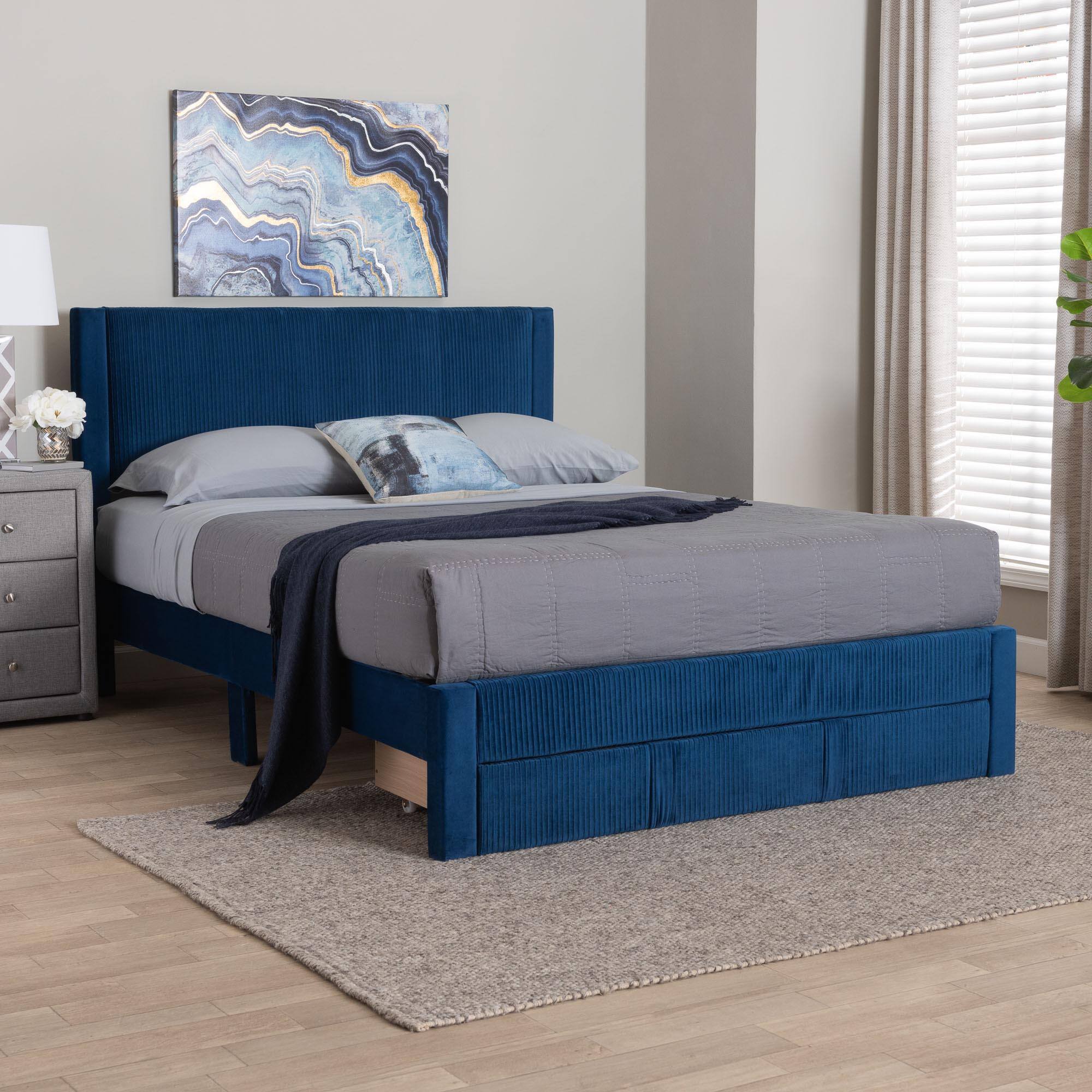 Alt View 5. Baxton Studio - Elora Modern Pleated Velvet Queen Size Storage Bed - Navy Blue.