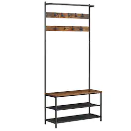 Songmics Home - Hall Tree with Bench and Shoe Storage, Entryway Bench with Coat Rack Stand and Shoe Rack, 9 Movable Hooks, Top Bar - Rustic Brown and Black