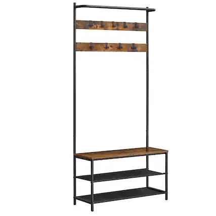 Front. Songmics Home - Hall Tree with Bench and Shoe Storage, Entryway Bench with Coat Rack Stand and Shoe Rack, 9 Movable Hooks, Top Bar - Rustic Brown and Black.