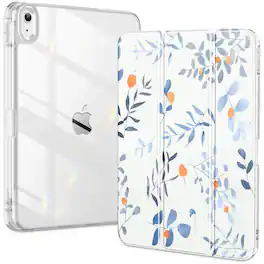 DTTO - Case for iPad (A16)/10th Gen (2025/2022), clear hard back, soft TPU frame, slim trifold stand, auto wake/sleep - Blue Leaves