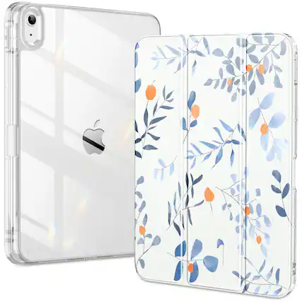 Front. DTTO - Case for iPad (A16)/10th Gen (2025/2022), clear hard back, soft TPU frame, slim trifold stand, auto wake/sleep - Blue Leaves.